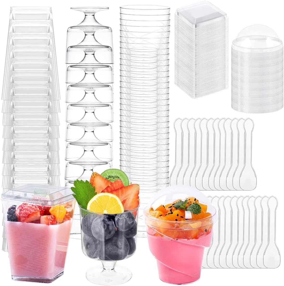 340 Pack Plastic Dessert Cups with Lids and Spoons,5 OZ Mini Clear Parfait Cup Appetizer Cups with Spoons ,Reusable Square Dessert Shooter Cups Round Goblet for Pudding,Cake,Fruit Ice Cream (Set A)
