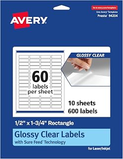 Avery® Glossy Clear Rectangle Labels, Sure Feed® Technology, 0.5" x 1.75", 600 Glossy Clear Labels, Print-to-The-Edge, Laser/Inkjet Printable