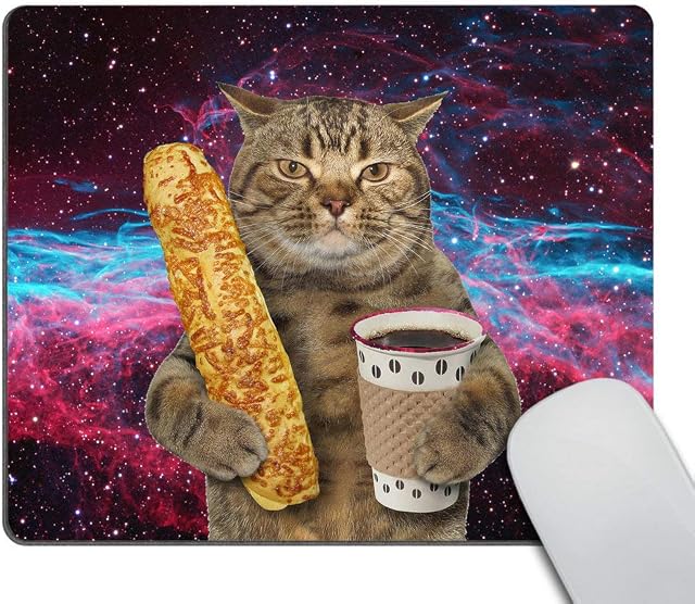 Wasach Funny cat Mousepad,The Cat is Holding a Cup of Black Coffee and a Baguette with Galaxy Design Customized Rectangle Non-Slip Rubber Mousepad Gaming Mouse Pad