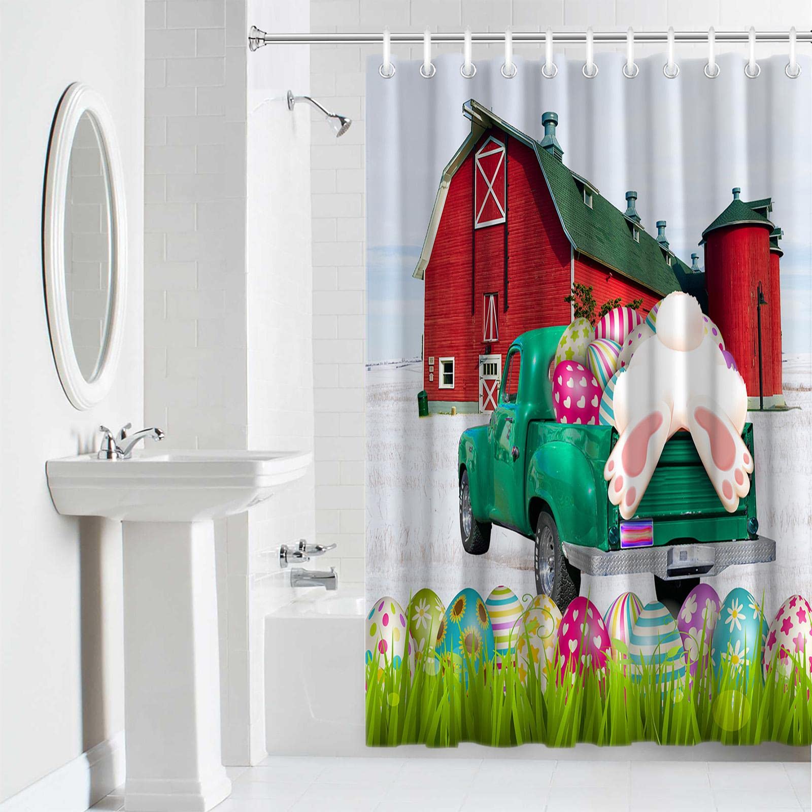 Tenda Doccia Pasquale Con Coniglietto E Uova, 183x183 Cm, In Poliestere, Include 12 Ganci, Decorazione Primaverile Per Bagno