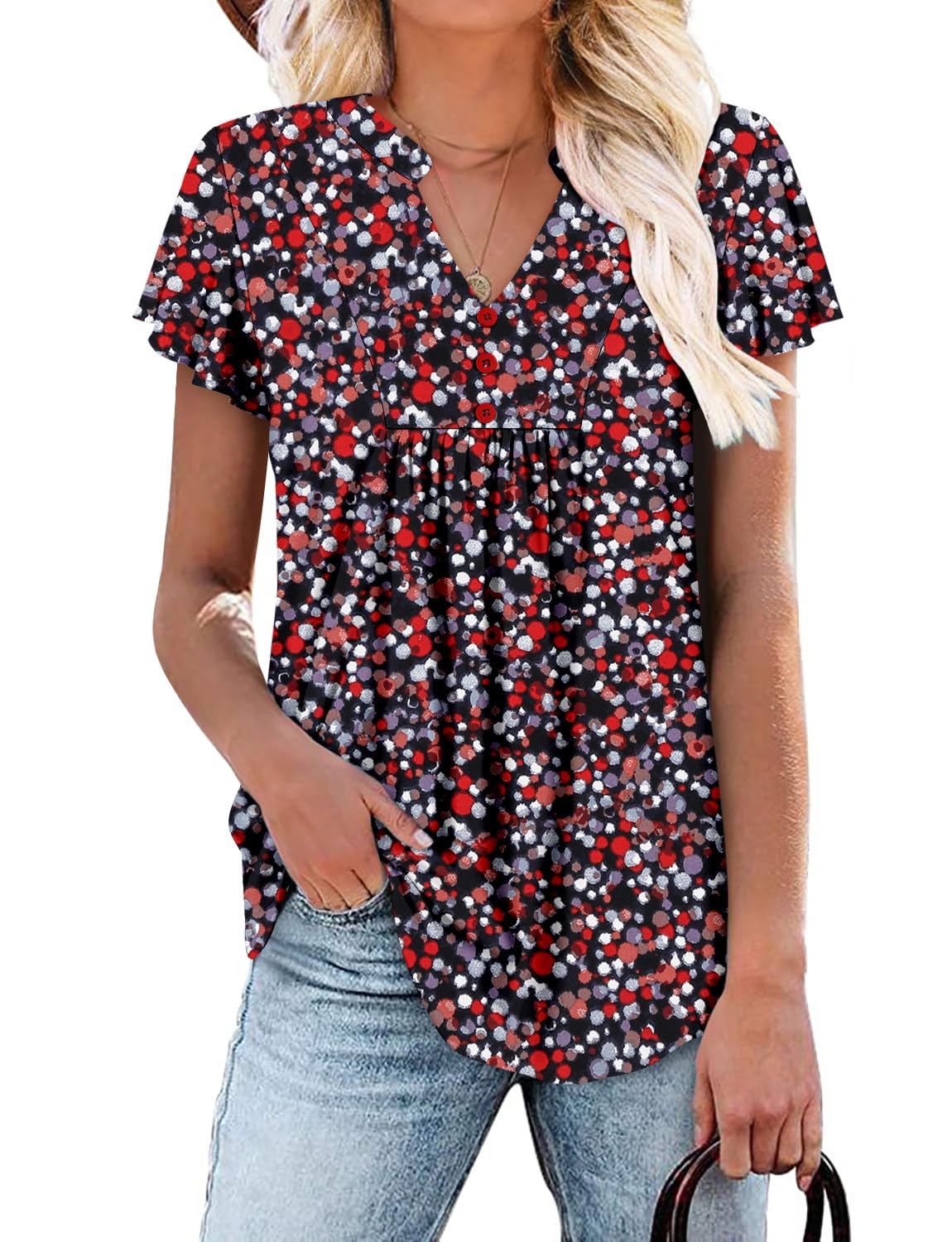 onlypuff Women's Short Sleeve Tunic Tops Summer Pleated V Neck Button Down Shirts for Leggings