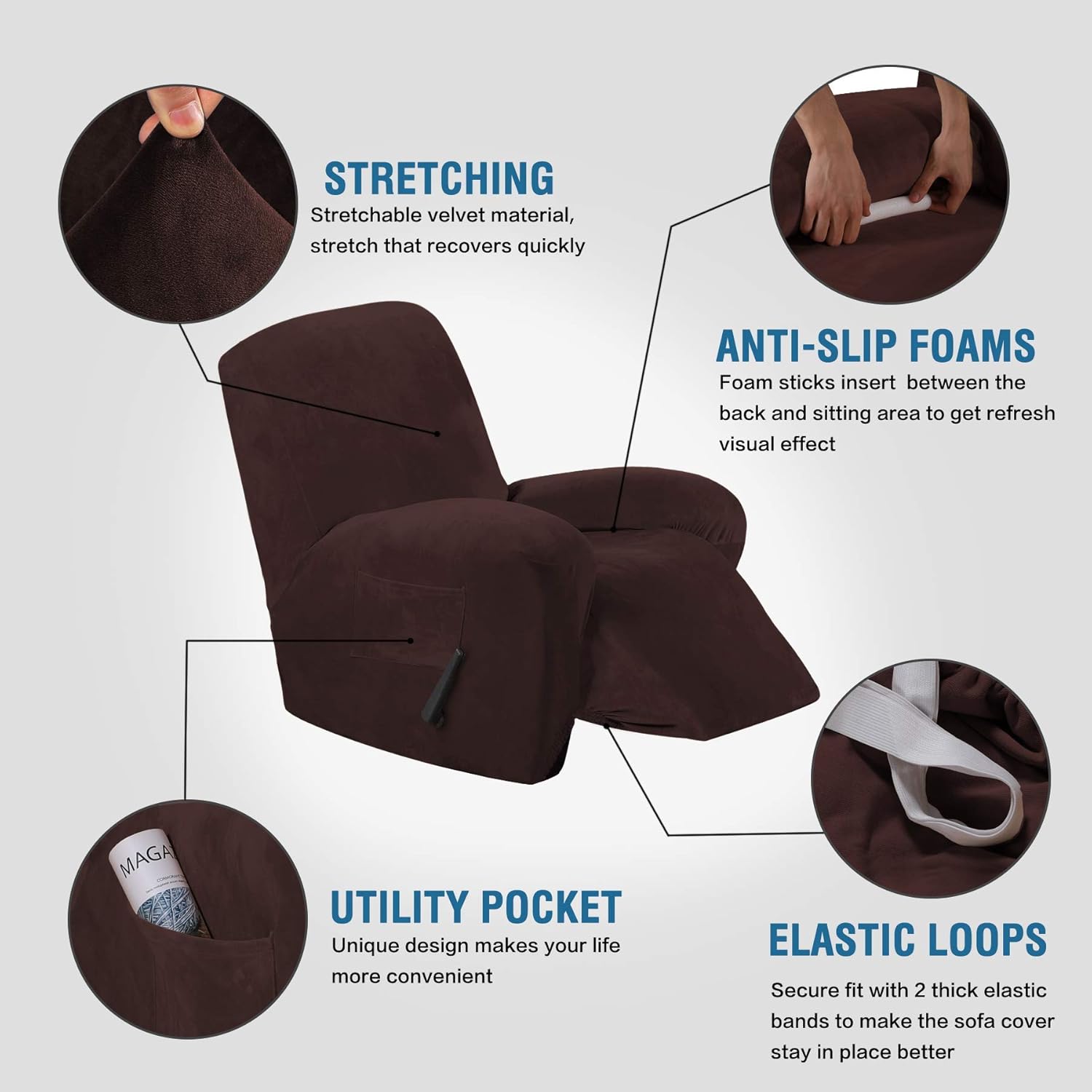 H.VERSAILTEX 1-Piece Velvet Recliner Cover Bundle Velvet Office Chair Cover, Brown