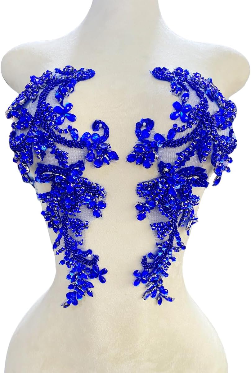 Handmade Rhinestones Bodice lace Applique handsewing Beads Sequins Trim Patches for Dress Clothes Accessories one Set/Bag 5.5X14inches (Blue)