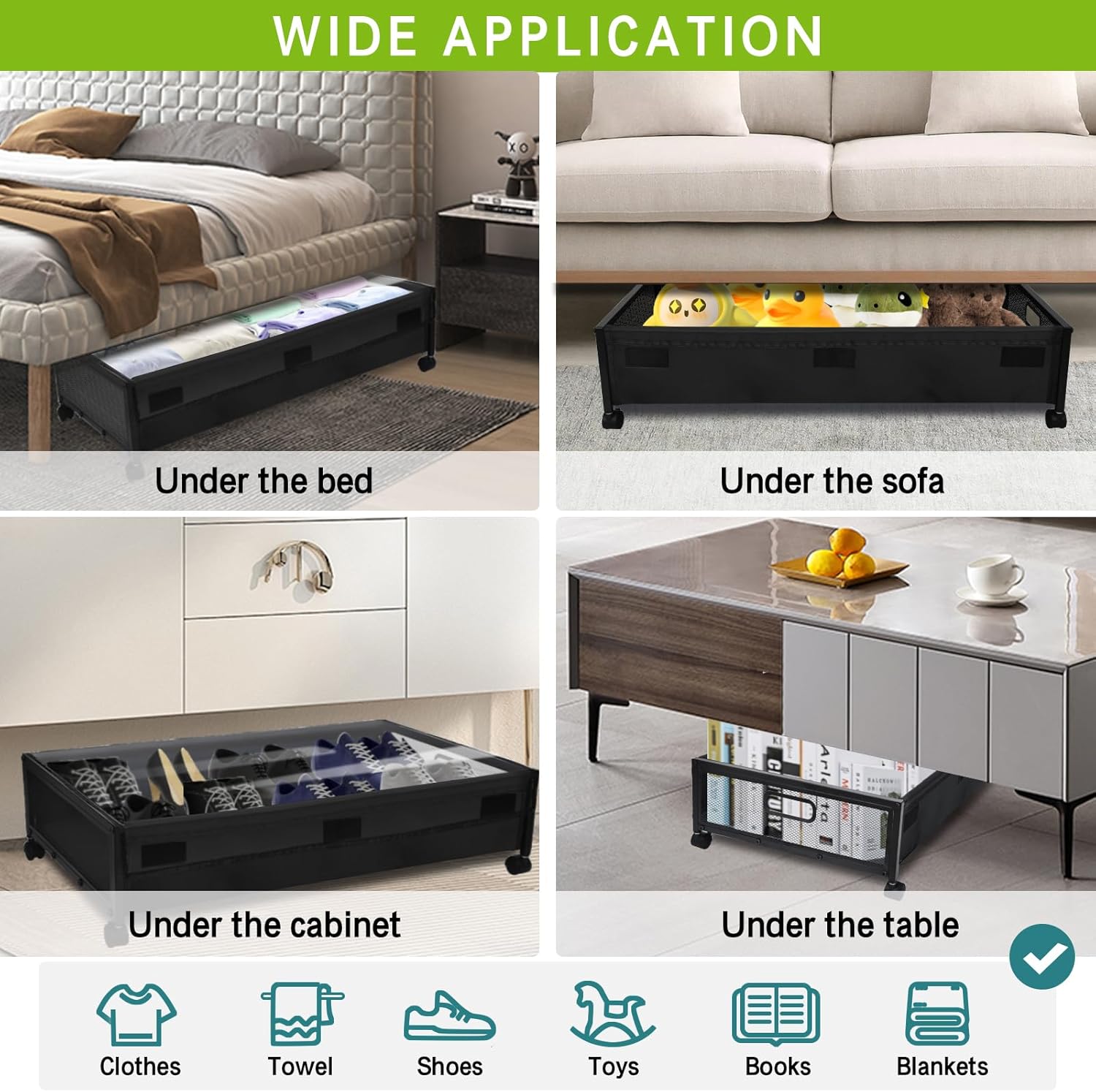 Black Fabric Under Bed Storage Containers with Clear PVC Lids