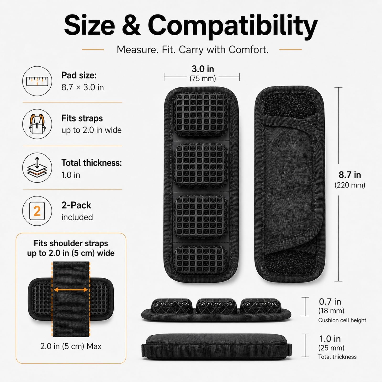 Genérico Almohadilla Correa Mochila Malla Transpirable Acolchado, Par Cojin Descompresion Reduccion de Carga 5cm Bolso Deporte