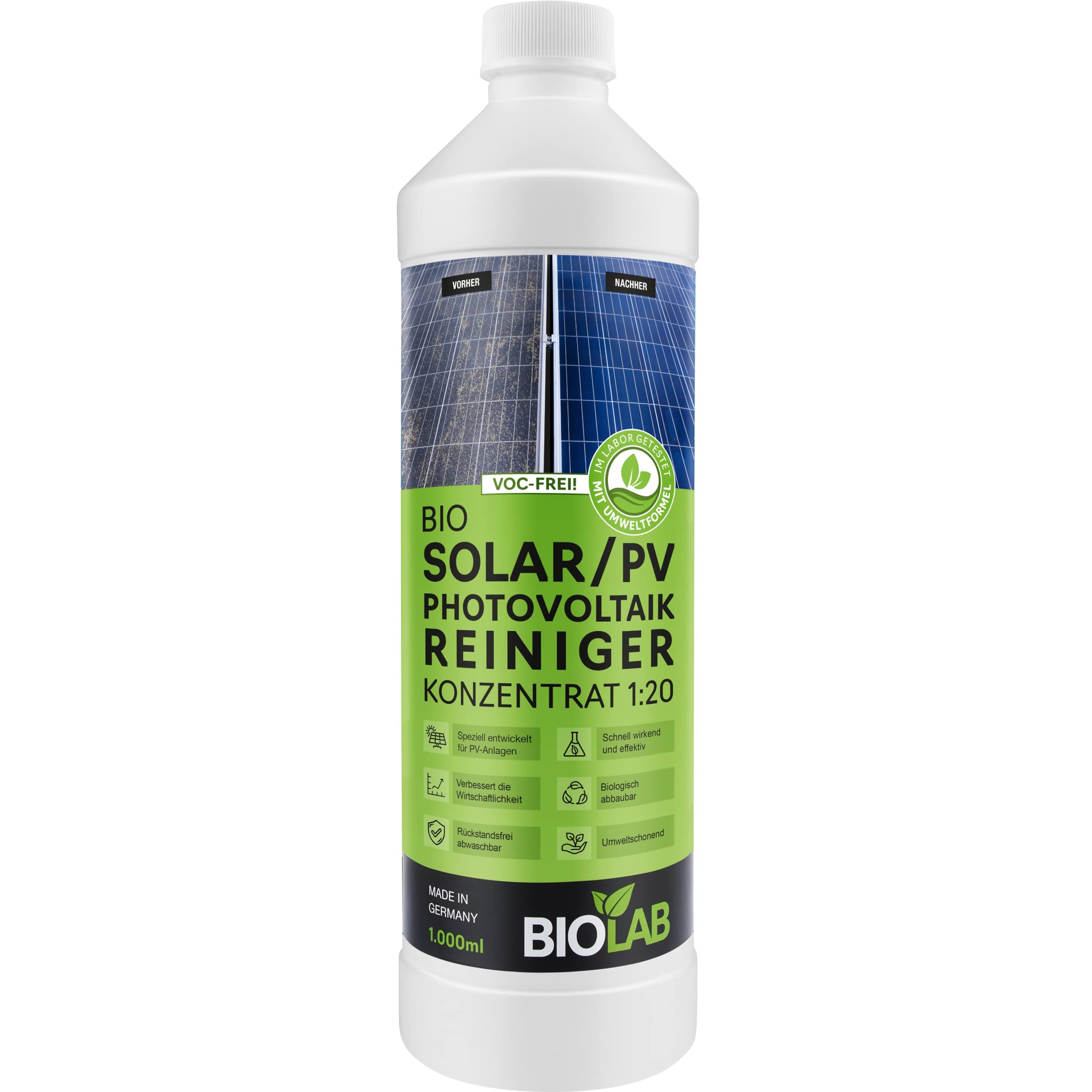 BIOLAB Solar & PV Photovoltaik Reiniger Konzentrat 1:20 (1 Liter) zur Reinigung von Solaranlage, Photovoltaikanlage, Balkonkraftwerk, Solarpanel, Solarmodul, PV Anlage, Solarreiniger