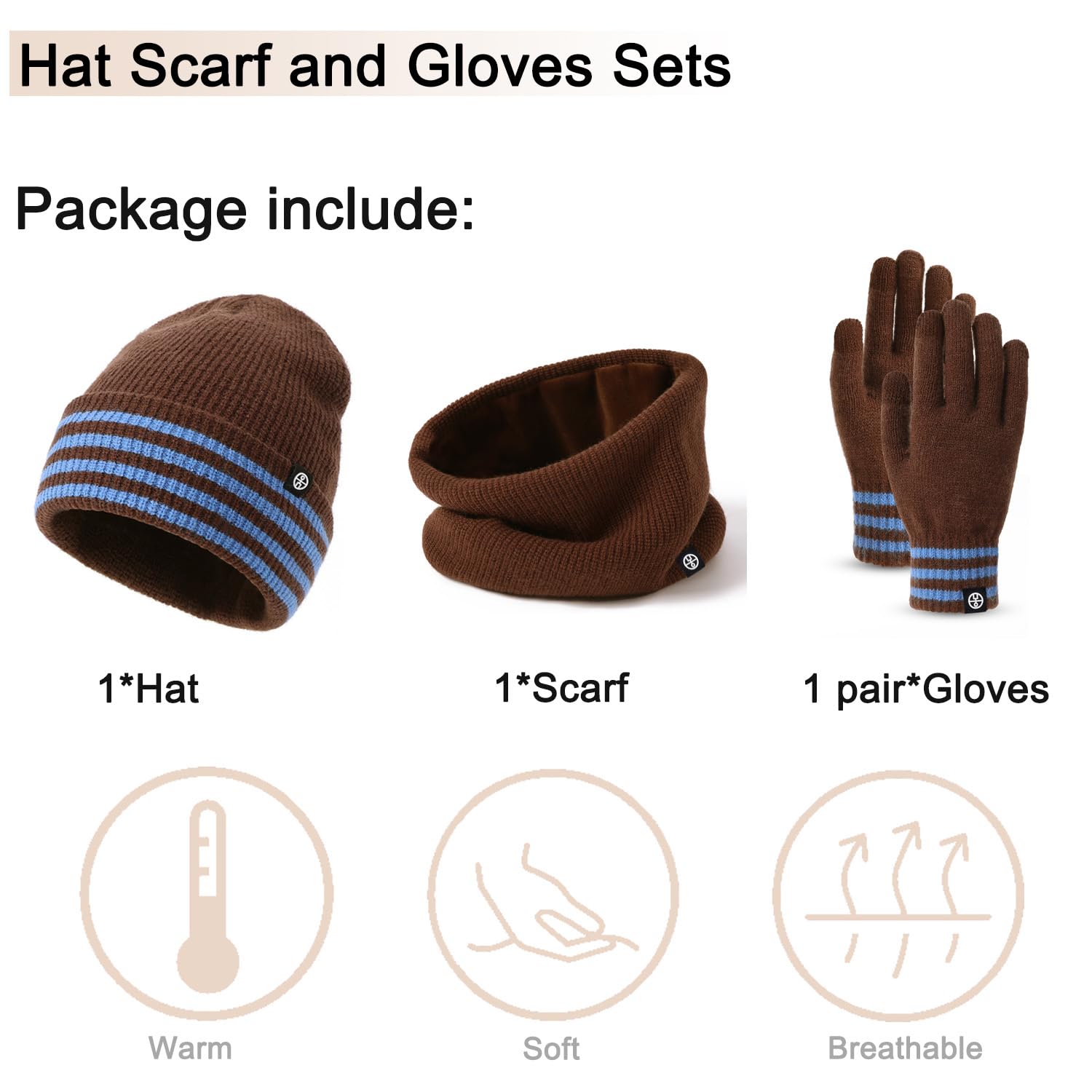 Baynetin Zestaw zimowy 3 w 1 beanie, czapka, szalik, termiczna czapka z dzianiny z krawędzią kopertową + szal polarowy i rękawiczki do obsługi ekranów dotykowych, rozciągliwy, wiatroszczelny zestaw na