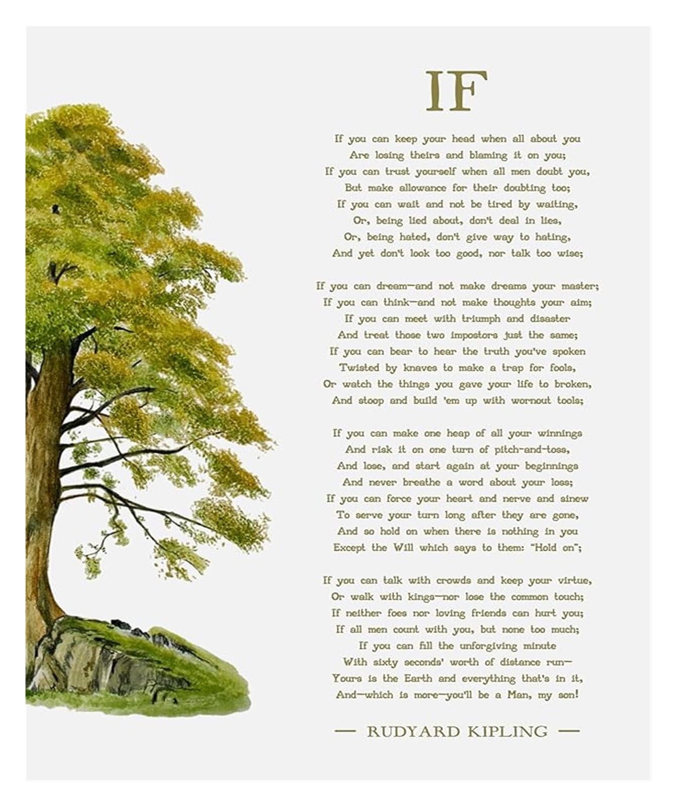 LLBOGRGGN If Poem Rudyard Kipling Art Print Tree Illustration Inspirational Quote for Office(Unframed,16x24inch(40x60cm))