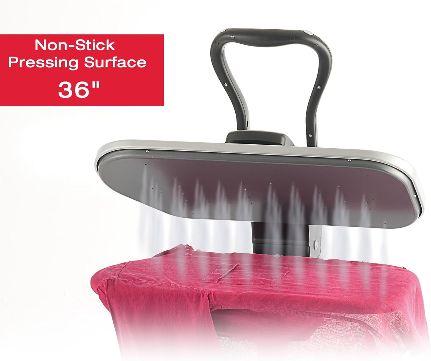 Close-up of the SINGER Intelligent Steam Press showing steam being applied to a red shirt on the non-stick pressing surface.