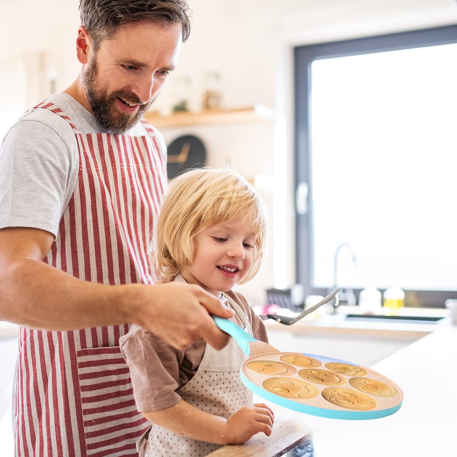 Joeji's Kitchen 7 Hole Pancake Pan 26cm - Smiley Faces Mold - Non Stick and Induction Suitable - Lightweight Cast Aluminium - Mini Pancakes - Fun Kids Breakfast - Blue