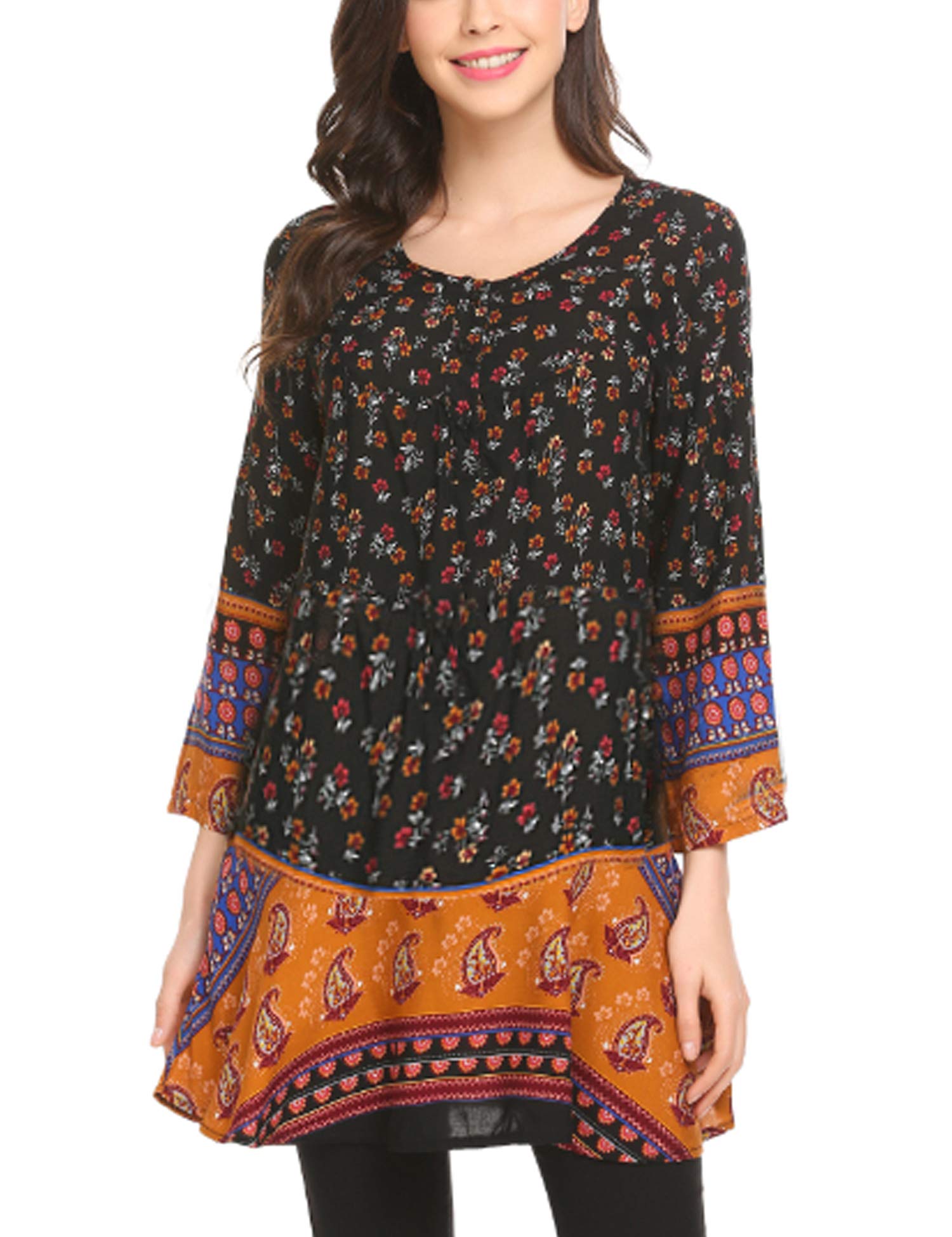 Women Ethnic Style Printed Tunic Tops Bohemian Crew Neck Loose Blouse