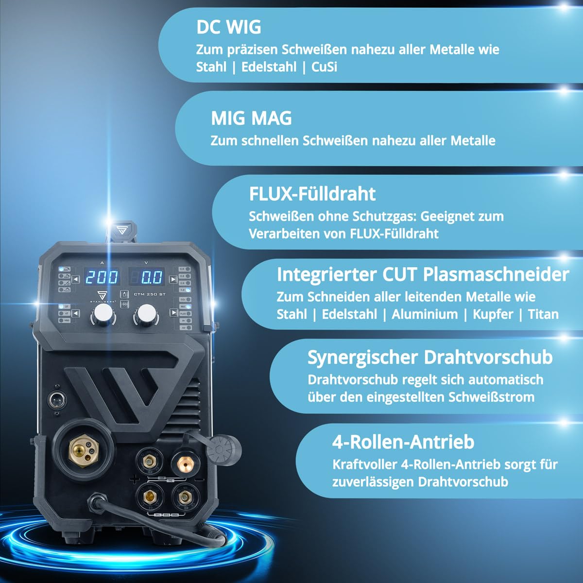 STAHLWERK Schutzgasschweißgerät 4-in-1 Kombi CTM-250 ST – WIG, MIG/MAG, MMA (E-Hand/ARC), FLUX (Fülldraht) bis 200 A, CUT (Plasma) bis 45 A, Schneidleistung bis 14 mm, Parameter einstellbar, IGBT