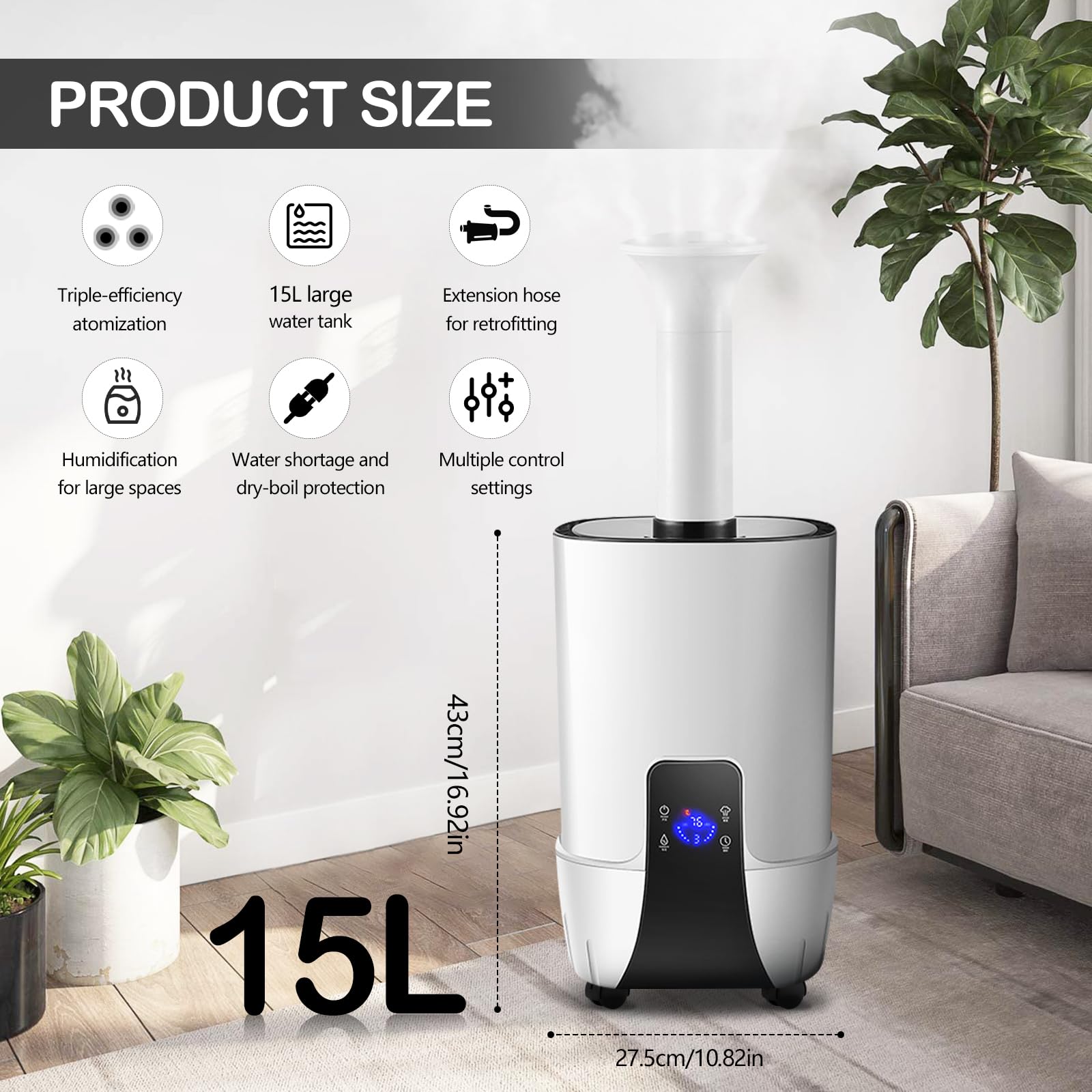 Umidificatore 15L, Multifunzionale Umidificatore Piante 1500ML/H Diffusori Ambiente Automatico 75W con Ugello Dritto Ugello Angolato e Ugello a Quattro Testine per Grow Tent Supermercati