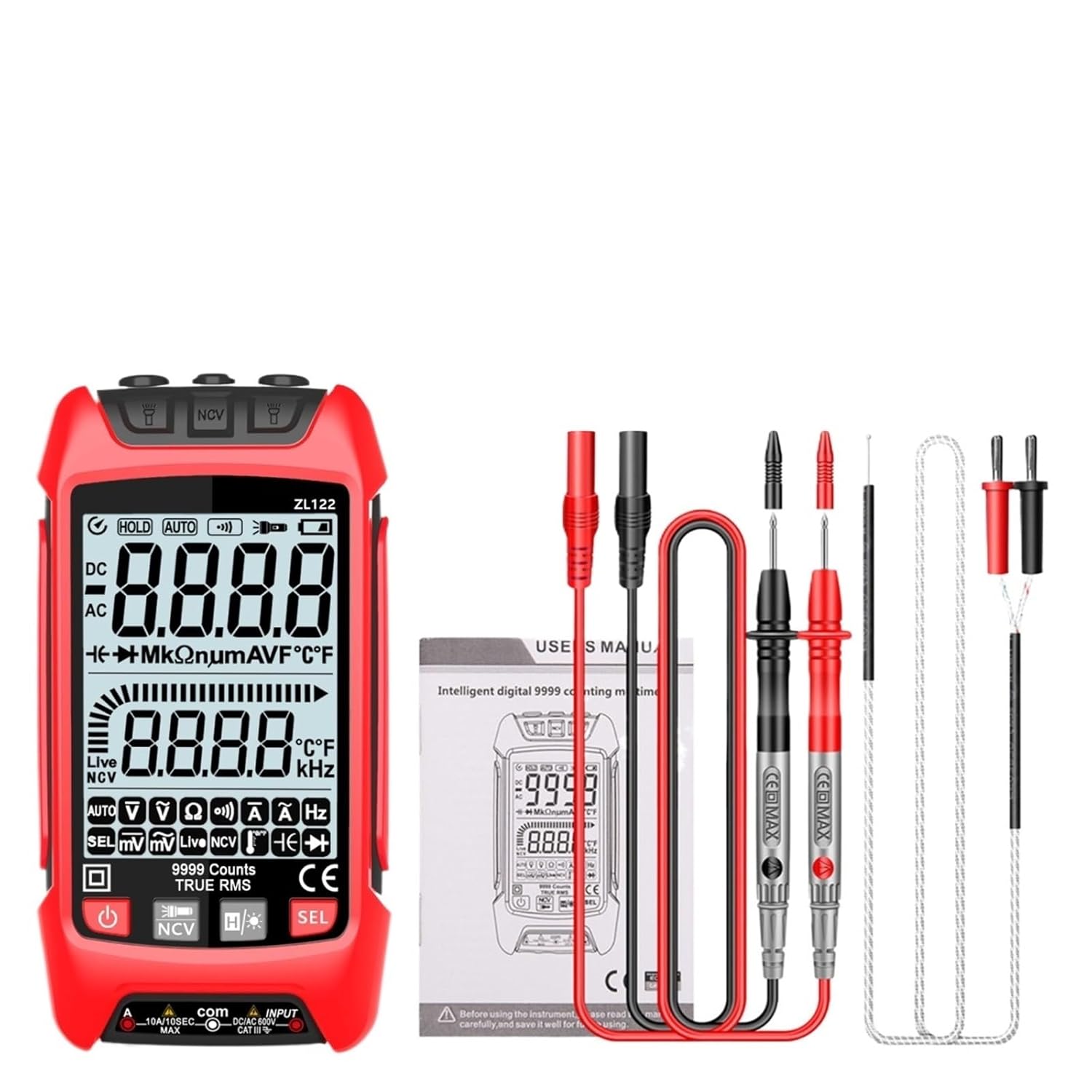 ZL122 Digital Multimeter Handheld Multifunctional High Precision Electrician Maintenance Instrumen Temp Resistan(ZL121RED)