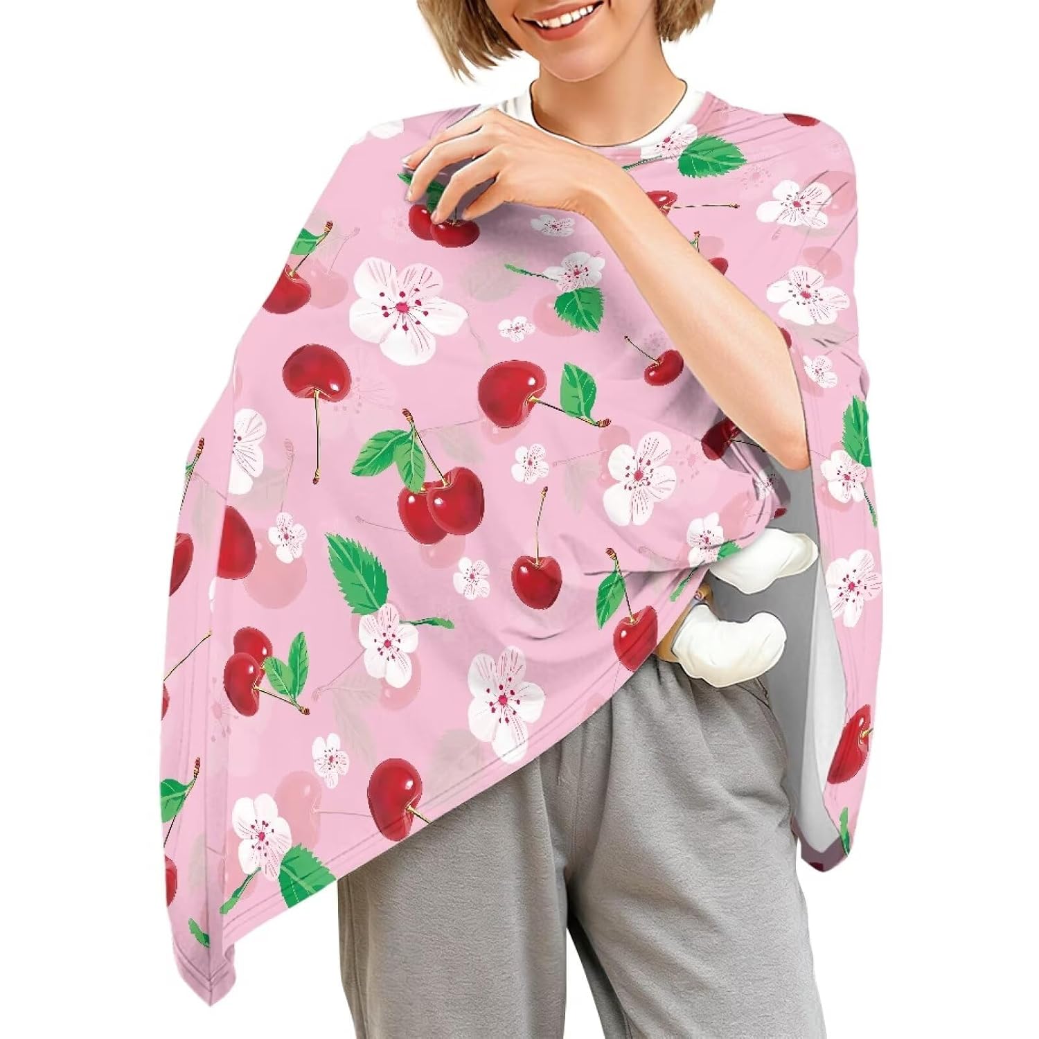 Cherry Print Nursing Cover for Baby Breastfeeding Pink Lightweight Breast Feeding Covers for Women Privacy Poncho Boy Girl Newborn Essentials Must Haves