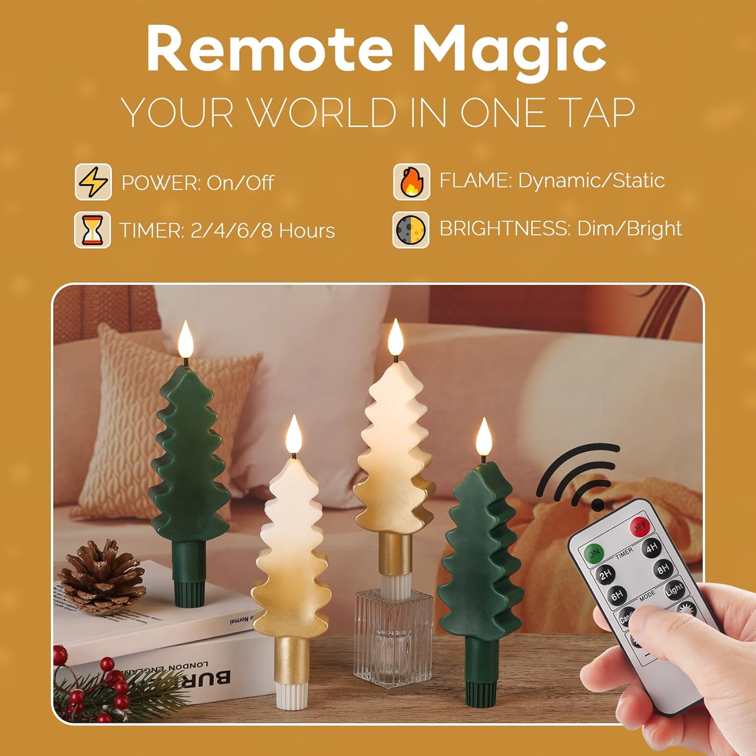 Eywamage Green Christmas Tree Flameless Taper Candles with Remote, Short Battery LED Wax Candlesticks Holiday Decor Set of 4