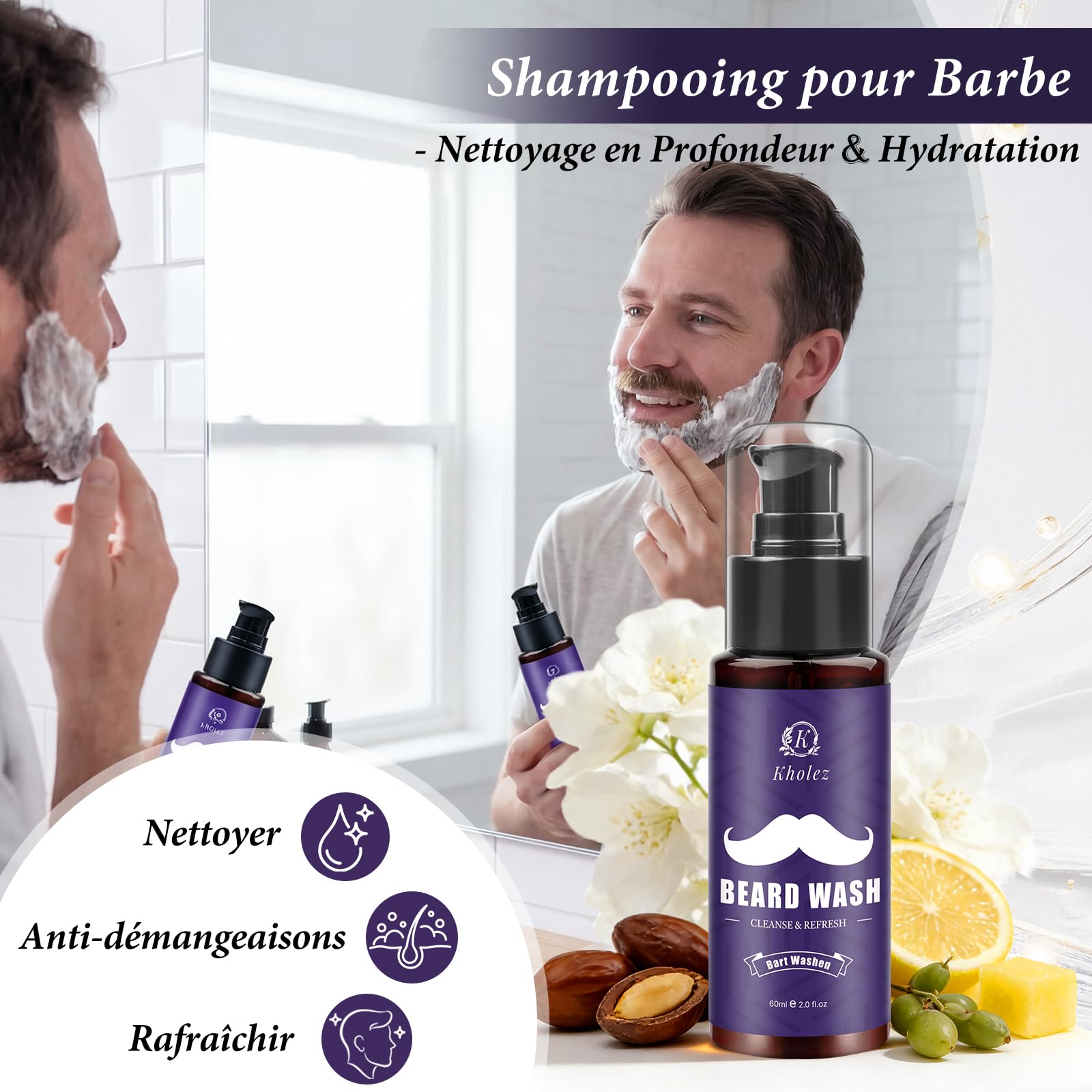 KHOLEZ Coffret Barbe Homme 10 en 1 Complet Professionnel, Kit Soins Barbe Homme avec Huile, Shampoing, Crème Barbe, Cadeau Fête des Pères, Idee Cadeau Homme pour Papa, Papi, Mari, Frère, Ami