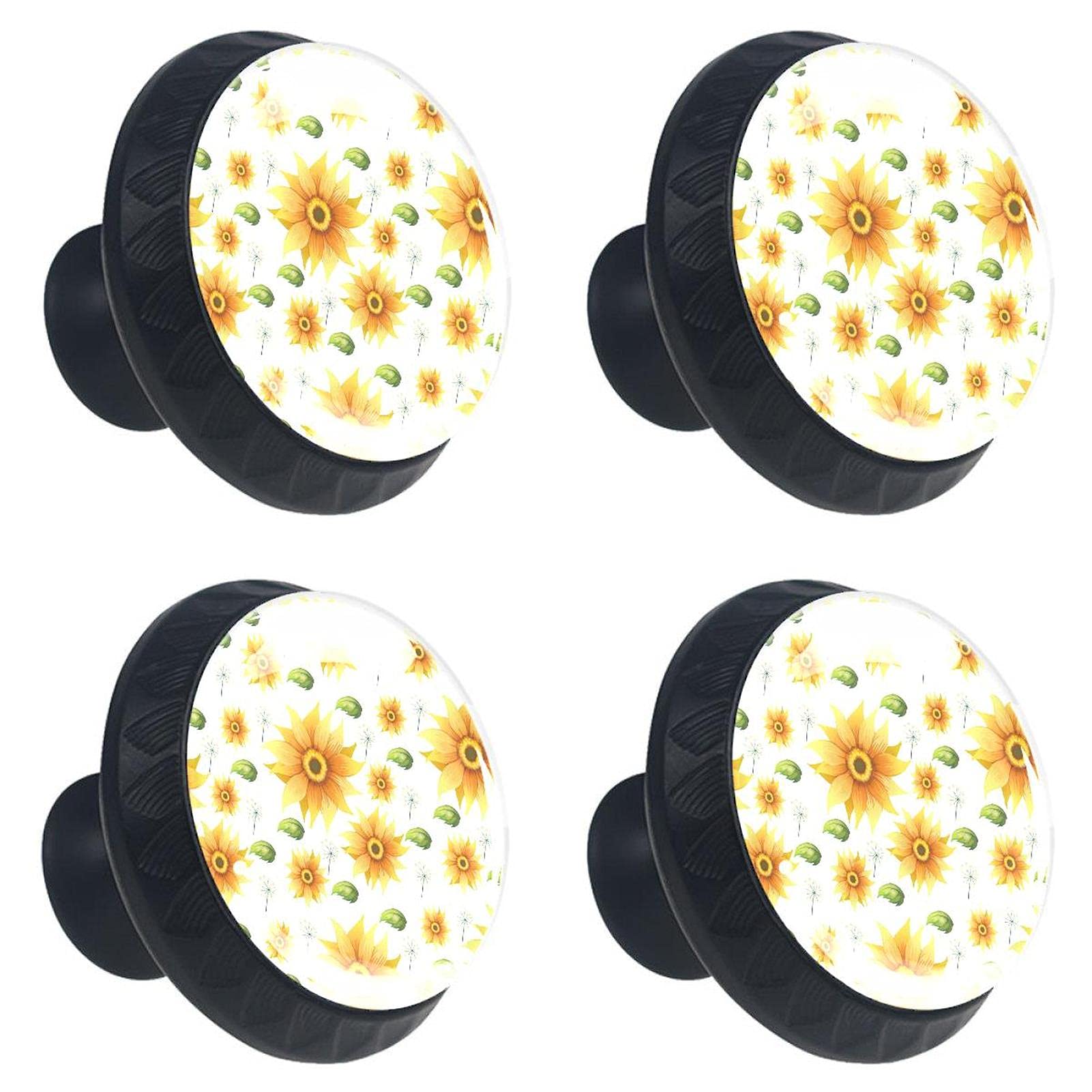 Boutons de tiroir en cristal motif feuilles et tournesol 30 mm | Lot de 4 poignées avec vis
