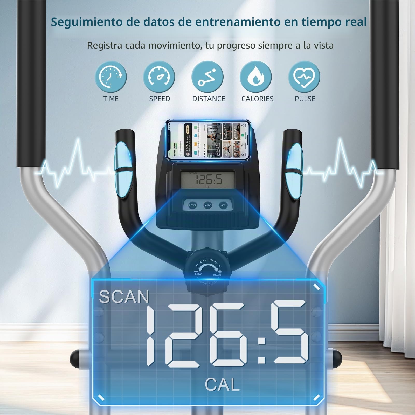 Elípticas Fitness Casa, Bicicleta Elíptica con 16 Niveles de Resistencia Magnética, Pantalla LCD con Bluetooth y Ruedas de Transporte, Equipo de Entrenamiento para Todo el Cuerpo