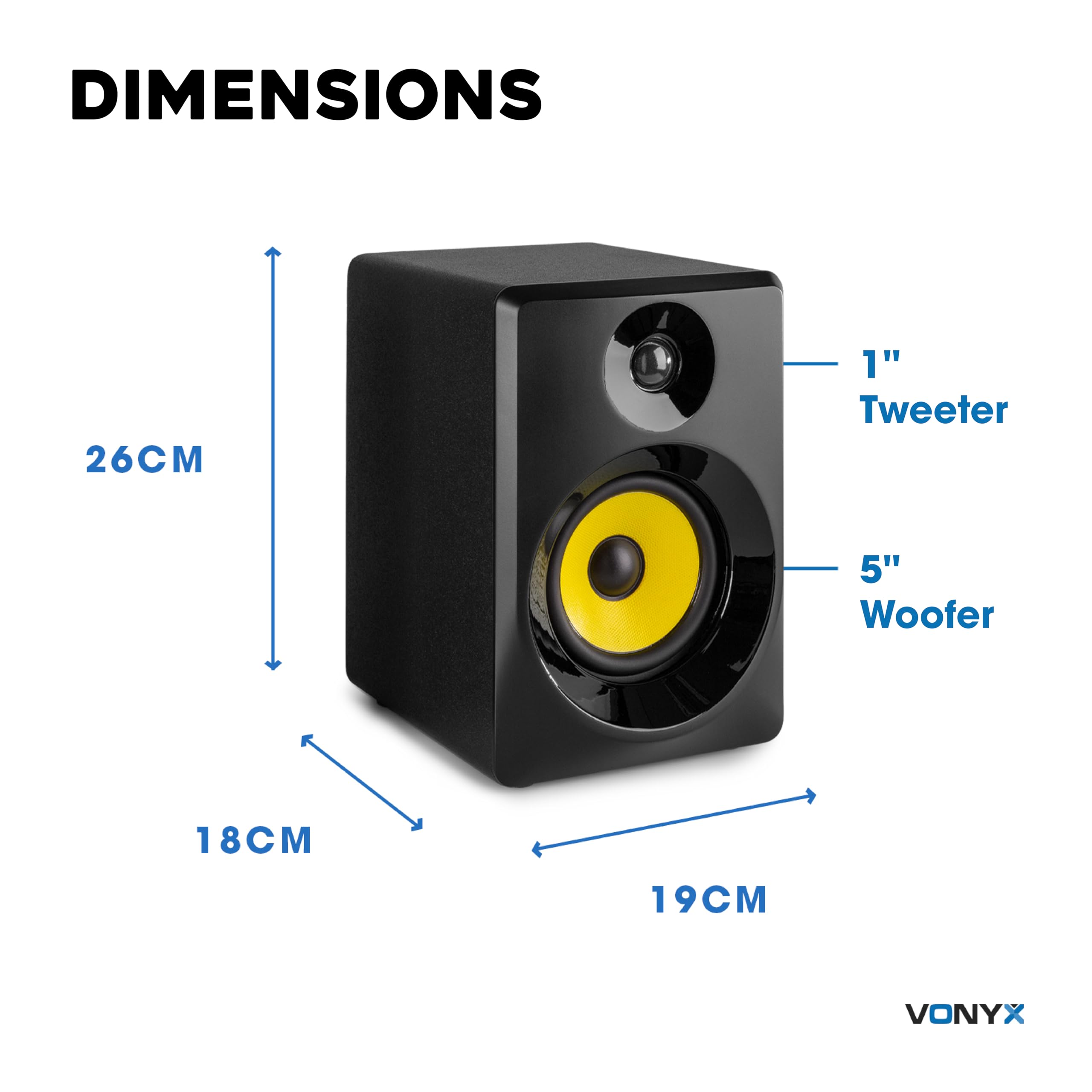 VONYX SMN50B Enceintes Monitoring - Paire d'Enceintes de Studio 5 Pouces, Puissance 140 Watts Max, Réglages Graves et Aigus, Qualité Idéale pour Mastering en Studio