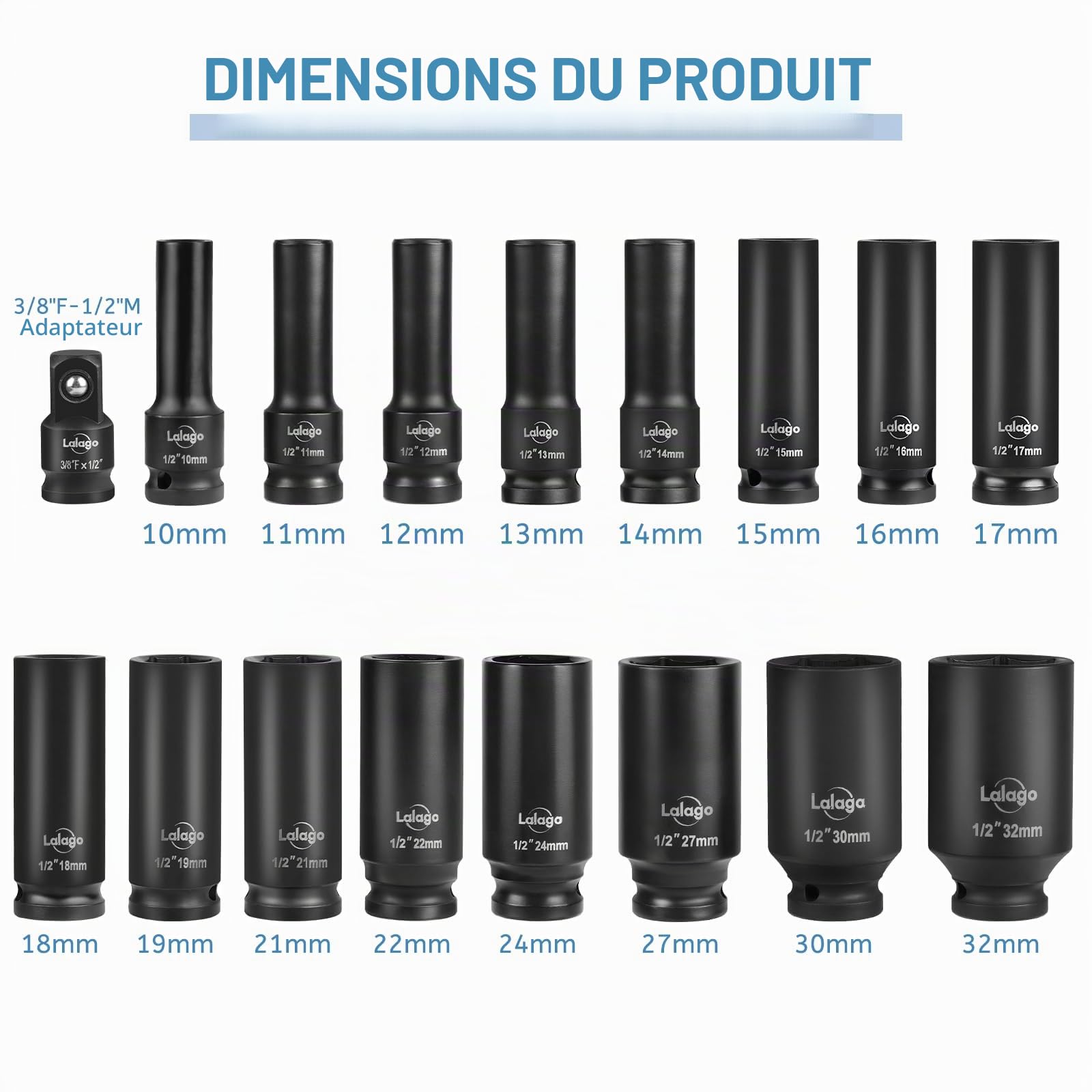 LALAGO 17 Pièces Douilles à Chocs 1/2" 10-32 mm, Coffret de Douille Longue Hexagonales CR-V, Clés à Douille avec Adaptateur 3/8'' à 1/2'', Douilles Métriques 6 Points pour Pneumatiques et Électriques