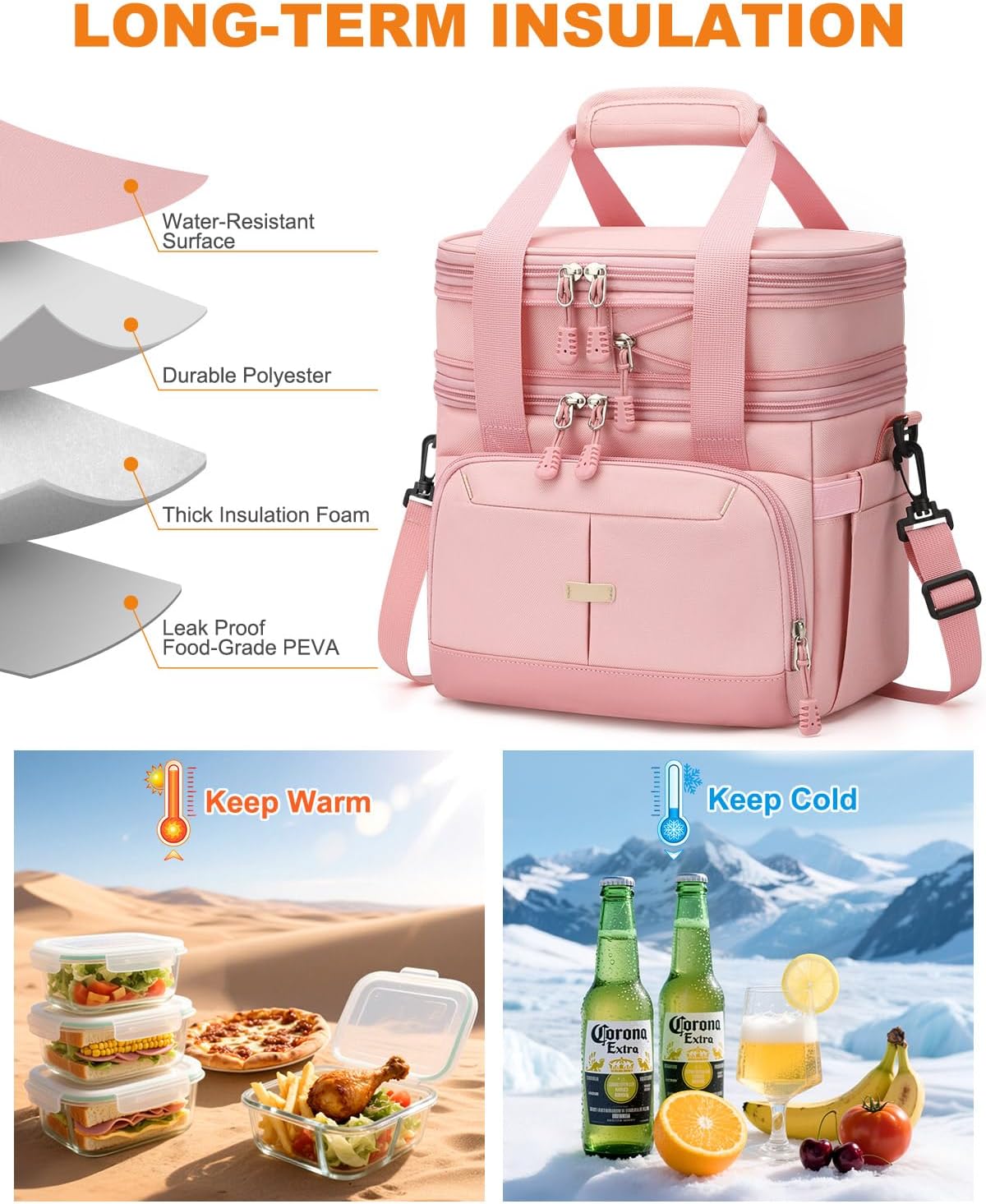 Lunch Box For Men Women Double Deck Insulated Lunch Bag For Men Woman Leakproof Expandable Cooler Bag with Adjustable Shoulder Strap for Work Picnic School(Pink,Medium) thumbnail