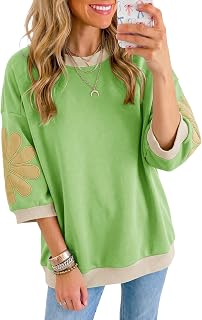 Dokotoo Womens Sweatshirts 3/4 Sleeve Floral Patch Tops Fall Clothes | Fall Fashion Clothes 2026,Quarter Sleeve Tops,Comfort Soft,Travel Casual Work Daily Outfit,Summer Pullover,Colorblock