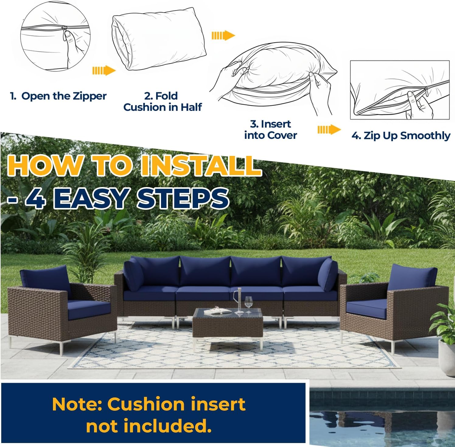 HOMREST 14-Piece Outdoor Cushion Covers Set for Patio Furniture, Reversible Double-Sided Sofa Slipcovers with Zipper, Water-Repellent Replacement Covers Only (Navy, 25.6×25.6×3.9in)