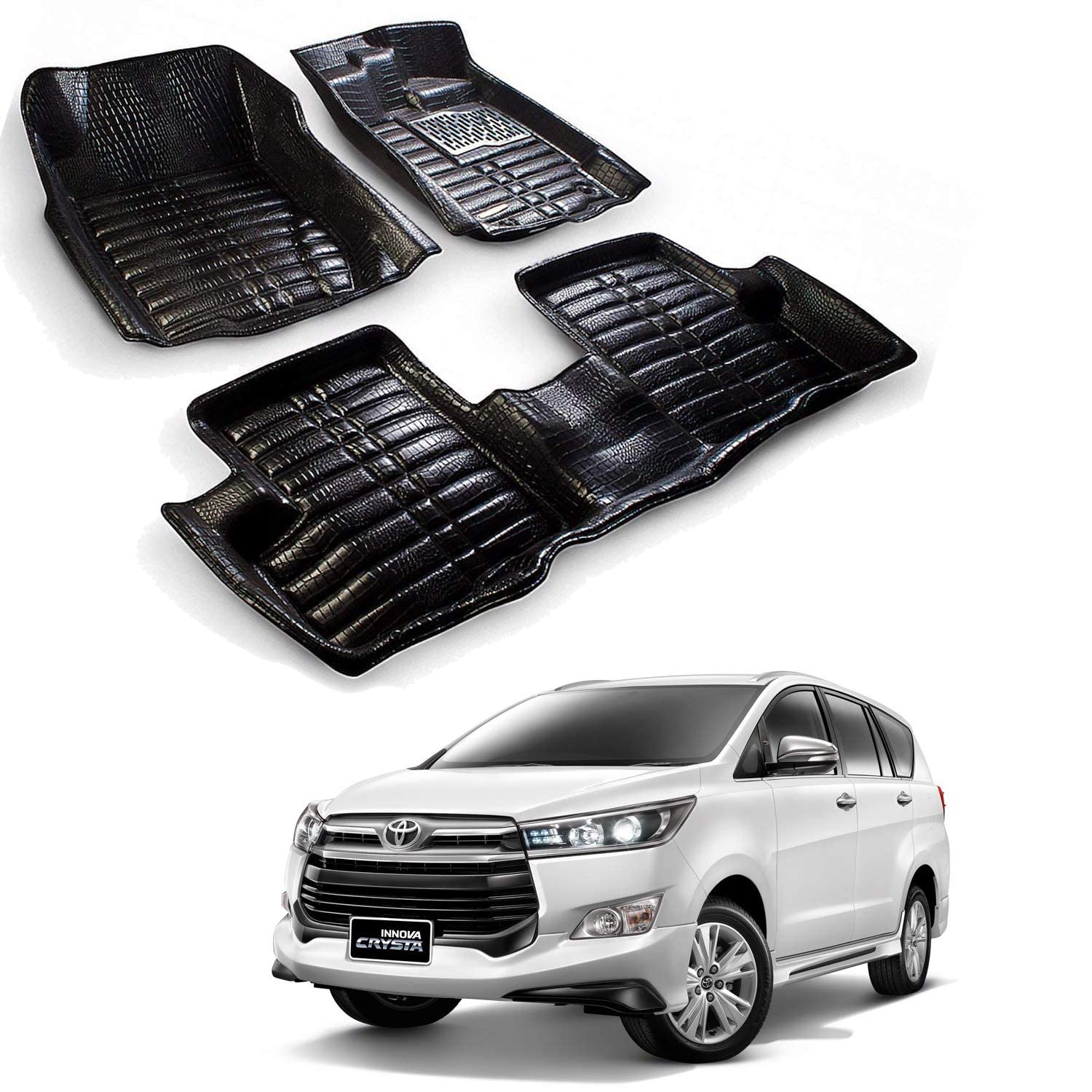Oshotto Custom Fit 5D Car Mats Compatible with- Toyota Innova Crysta - Set of 4Pcs (2 pc Front, 1 Single Long pc Each Second & Third Row) - Black