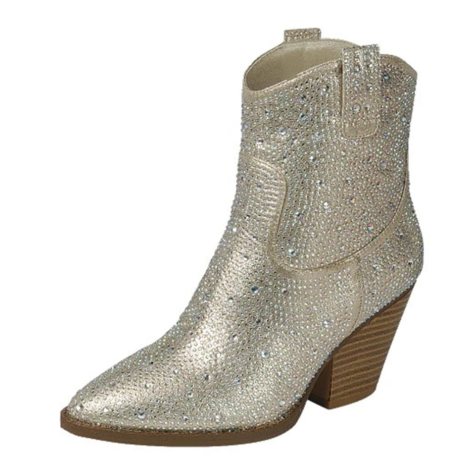 Forever Womens Rhinestone Block Heel Ankle Boots River-01 Champagne Gold 10