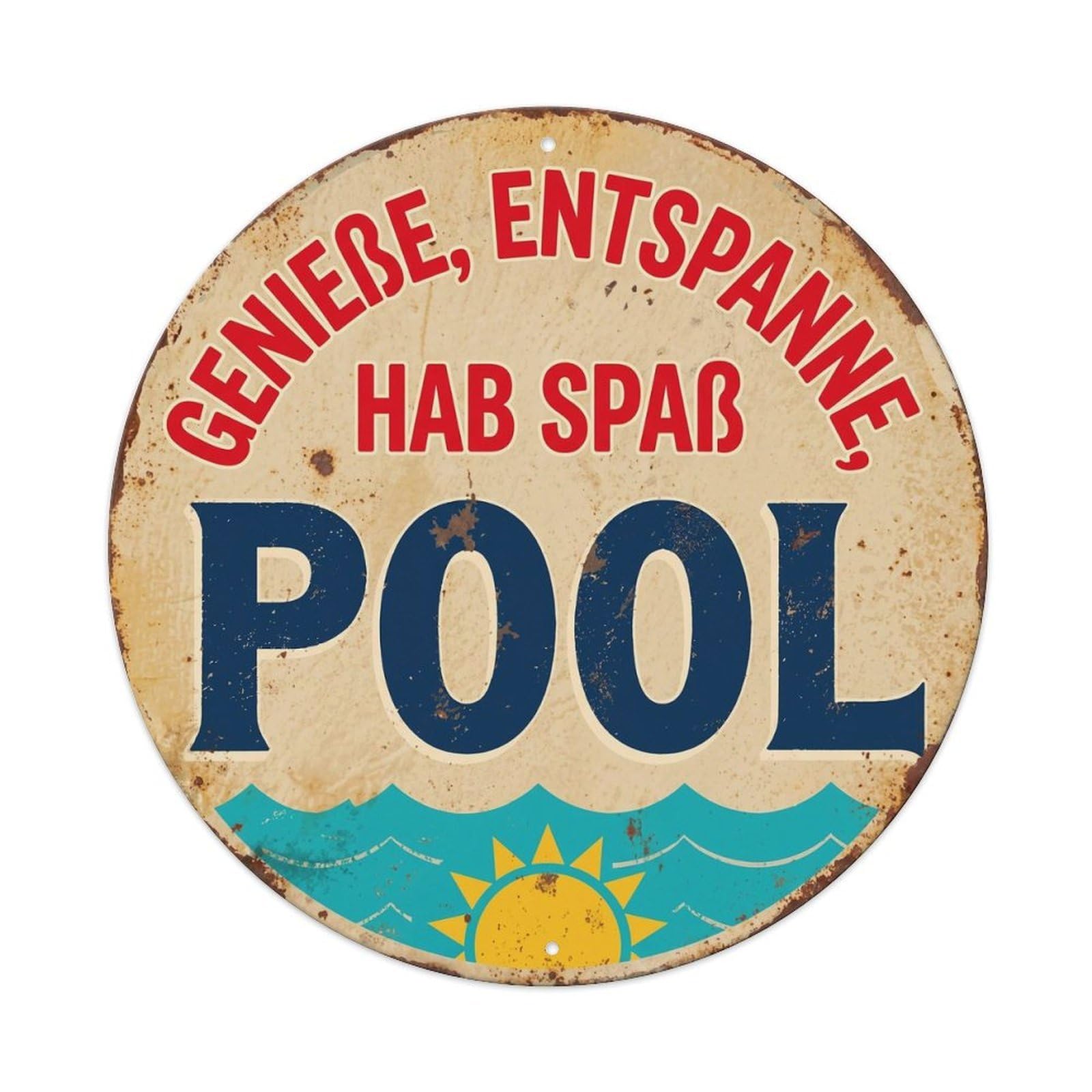 Enjoy Relax Have Fun Pool Vintage Metal Tin Sign Plaque Wall Decor for Cafe, Club, Garden Round Metal Poster 8x8Inch