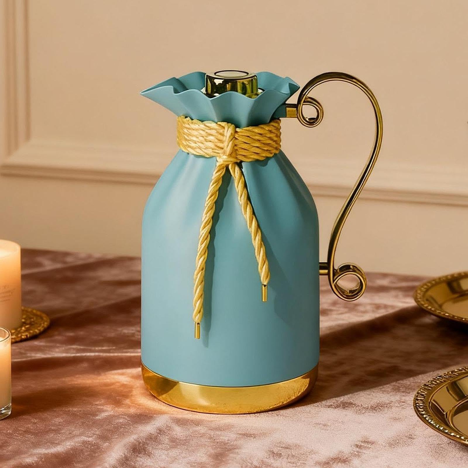 Brocca//caraffa da caffè/teiera Termica con Vetro Resistente al Calore E Manico in PP, Coperchio Antigoccia E Beccuccio per Bevande Calde E, Oro Blu