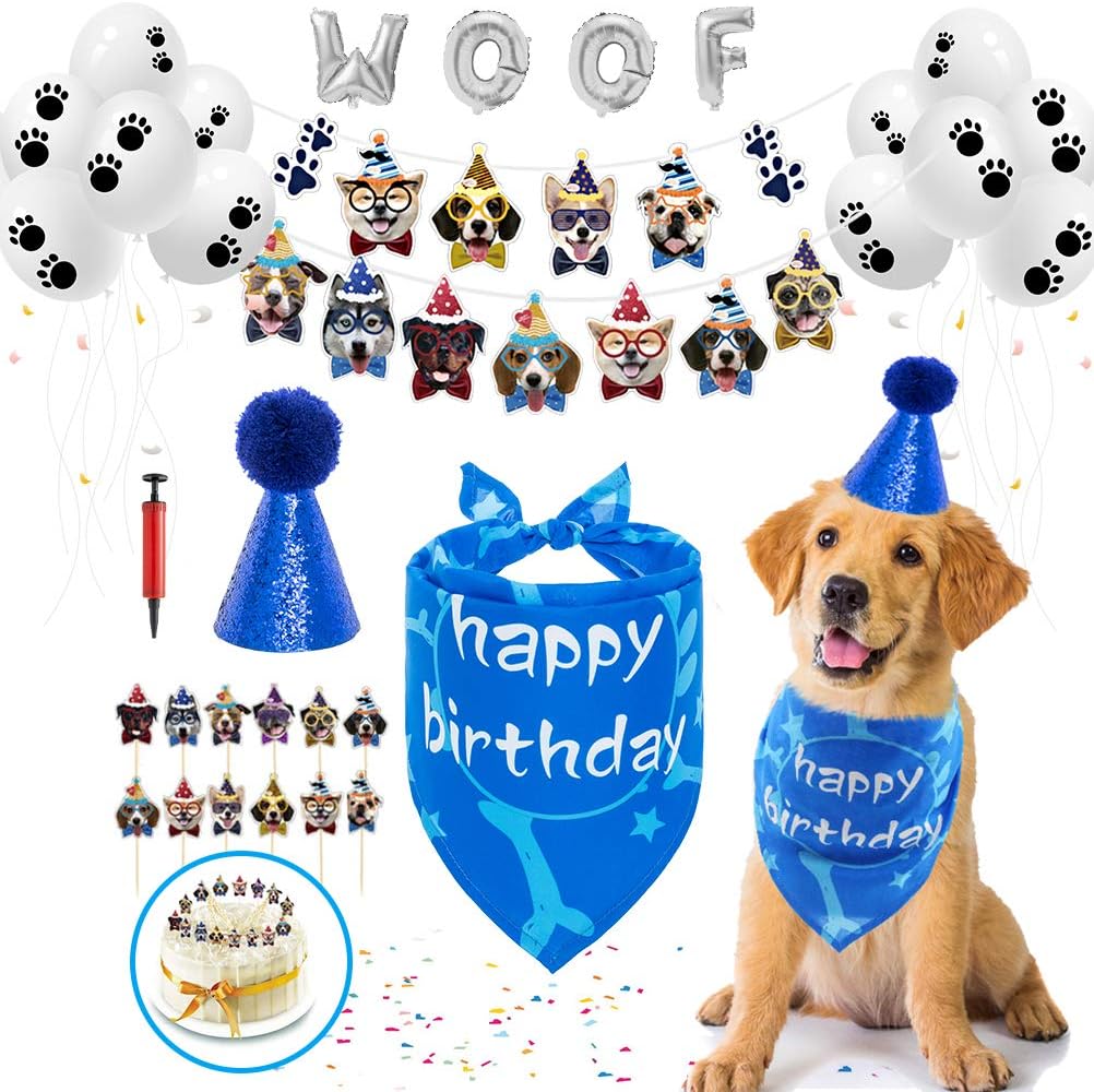 PUPTECK Dog Birthday Party Supplies - Dog Birthday Bandana, Pet Birthday Hat Accessories, Dog Face Banner, Dog Paw Print WOOF Balloons…