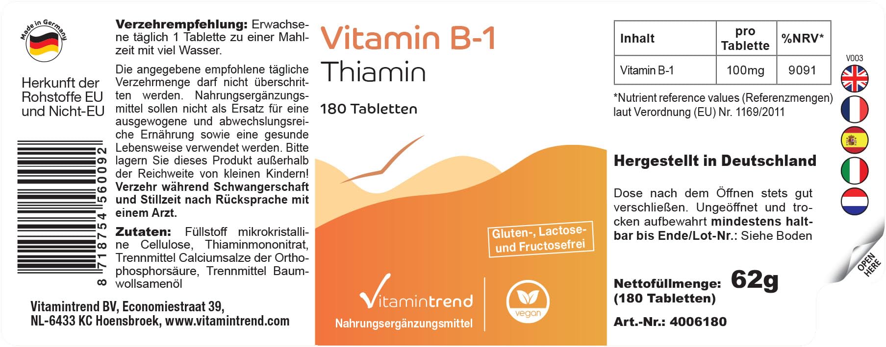 Vitamintrend Vitamine B1 hautement dosée 100 mg, 180 comprimés, thiamine, complément alimentaire vegan sans additifs, fabriqué en Allemagne
