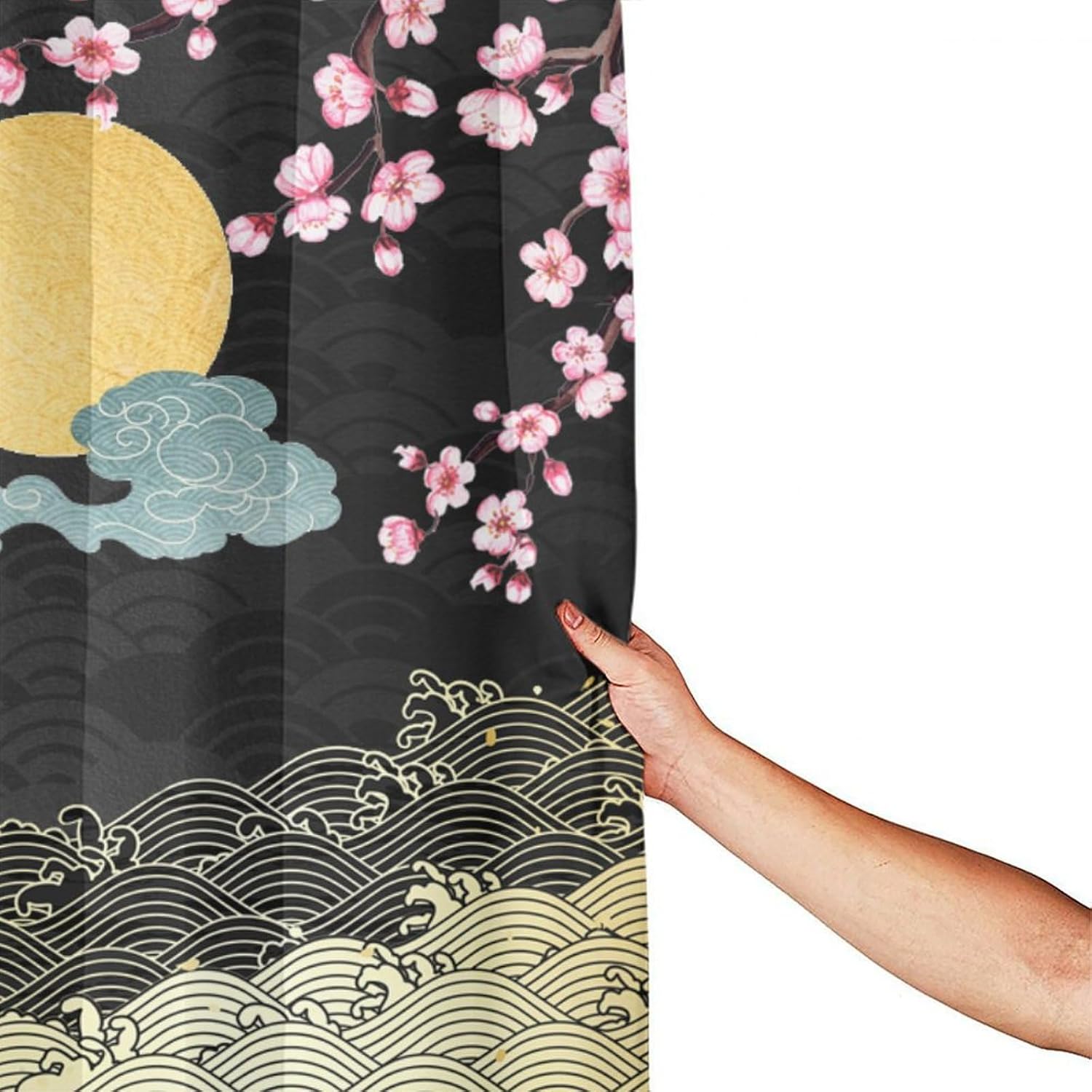 Koi Fish Shower Curtain,Japanese Style Wave Pink Cherry Blossom Print Shower Curtain for Bathroom Decor Asia Oriental Theme Fabric Waterproof Upholstery Hook 72x72inch