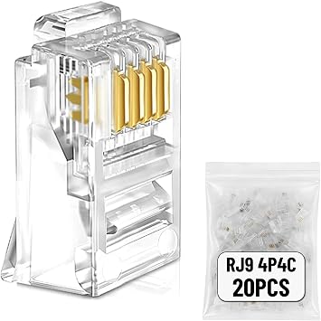 Uvital 20 Pack RJ9 4P4C / 4P2C Telephone Handset Plugs, Replacement Modular Male Connectors, Transparent Crystal Head, Crimp End for Phone Cord Repair & DIY