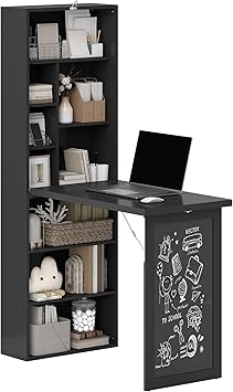HOMCOM Fold-Out Convertible Writing Table, Computer Desk with Blackboard and Side Shelf Multi-Function Home Office Workstation, Charcoal Gray