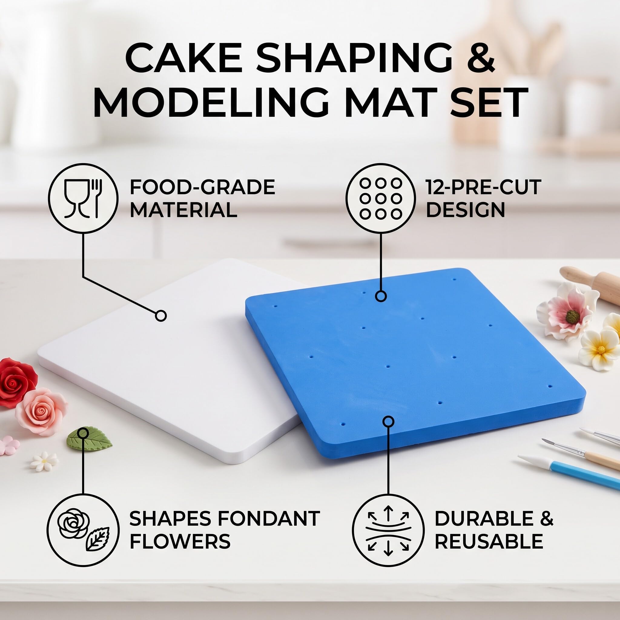 AUNMAS 2 Stück Fondant Schaumstoff-Pad, 12 Löcher Fondant Kuchen Shaping Sponge Mat, DIY Paste/Zuckerblume/Gum/Schokolade/Ton Modellierwerkzeuge Trockenblech für Kuchendekoration, Weiß Blau