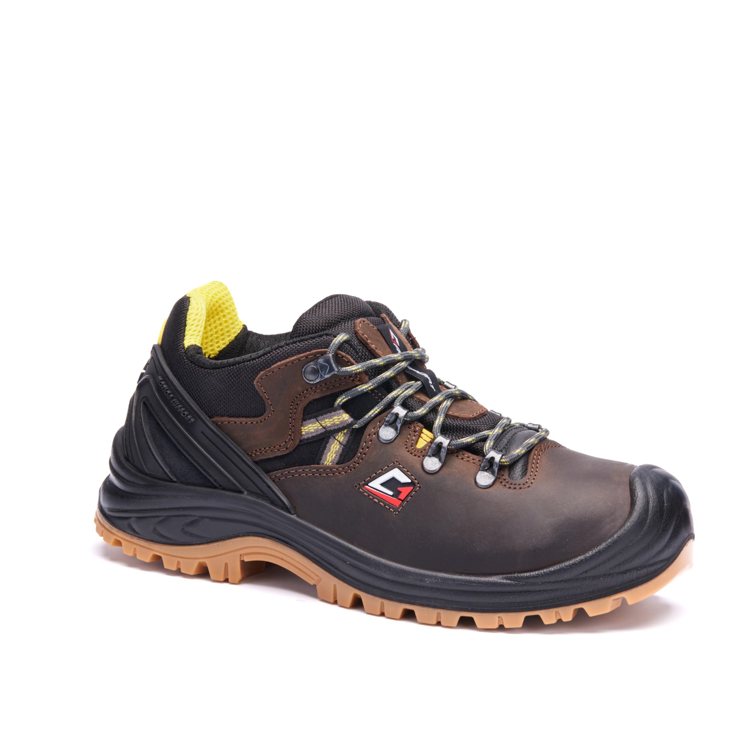 GARSPORT Adulto Motion Low 3 S3S Scarpa Antinfortunistica Bassa, Marrone/Giallo, Pelle Liscia, Lavoro, Stringata, Puntale in Acciaio