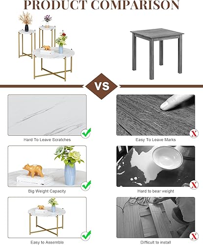 Miniatura 8 de DKLGG Juego de 3 mesas auxiliares redondas de imitación de mármol y 2 mesas auxiliares para sala de estar, mesas auxiliares modernas blancas y