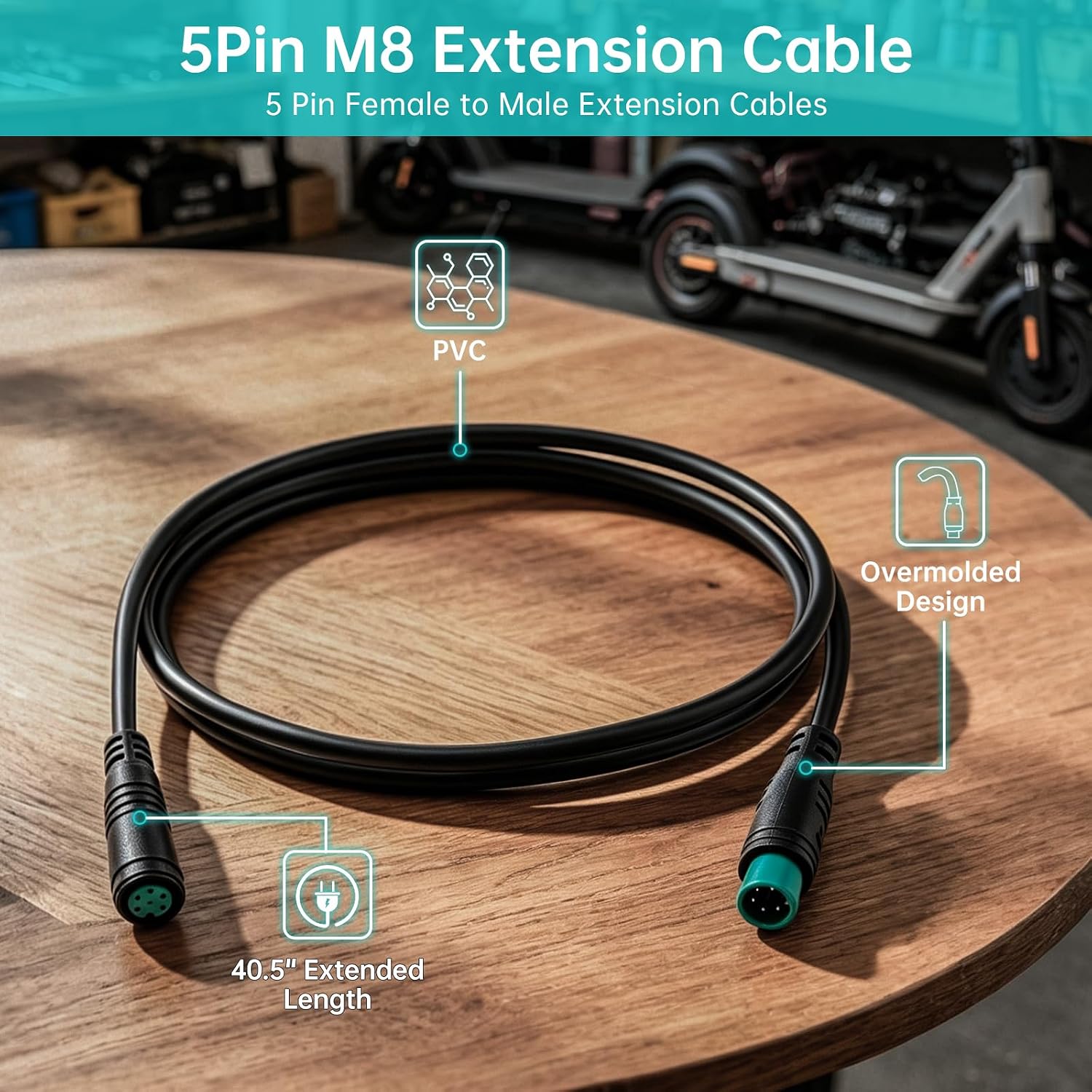 5 Pin M8 Male to Female Extension Cable for E-Bike, | Male/Female Connector for Display Throttle Tail Light, Waterproof Wire Replacement Fits Most E Bikes and Scooters
