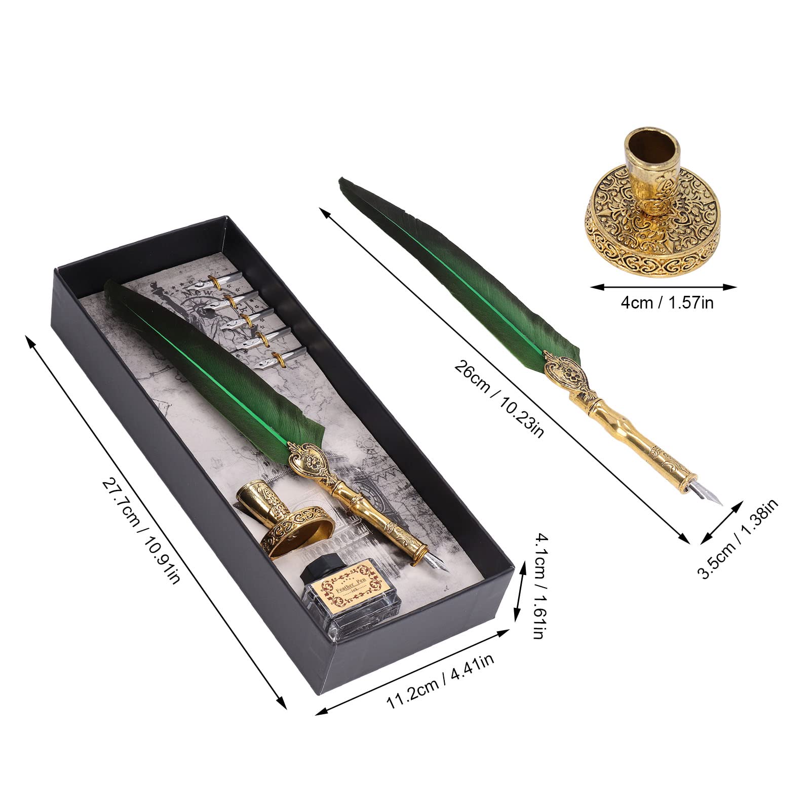 Schreibfeder Set – Antike Feder mit Tintenfass, 5 Wechselspitzen, Federhalter & Ständer, Kalligraphie Stift für Dekoration & Schreiben (Grün)