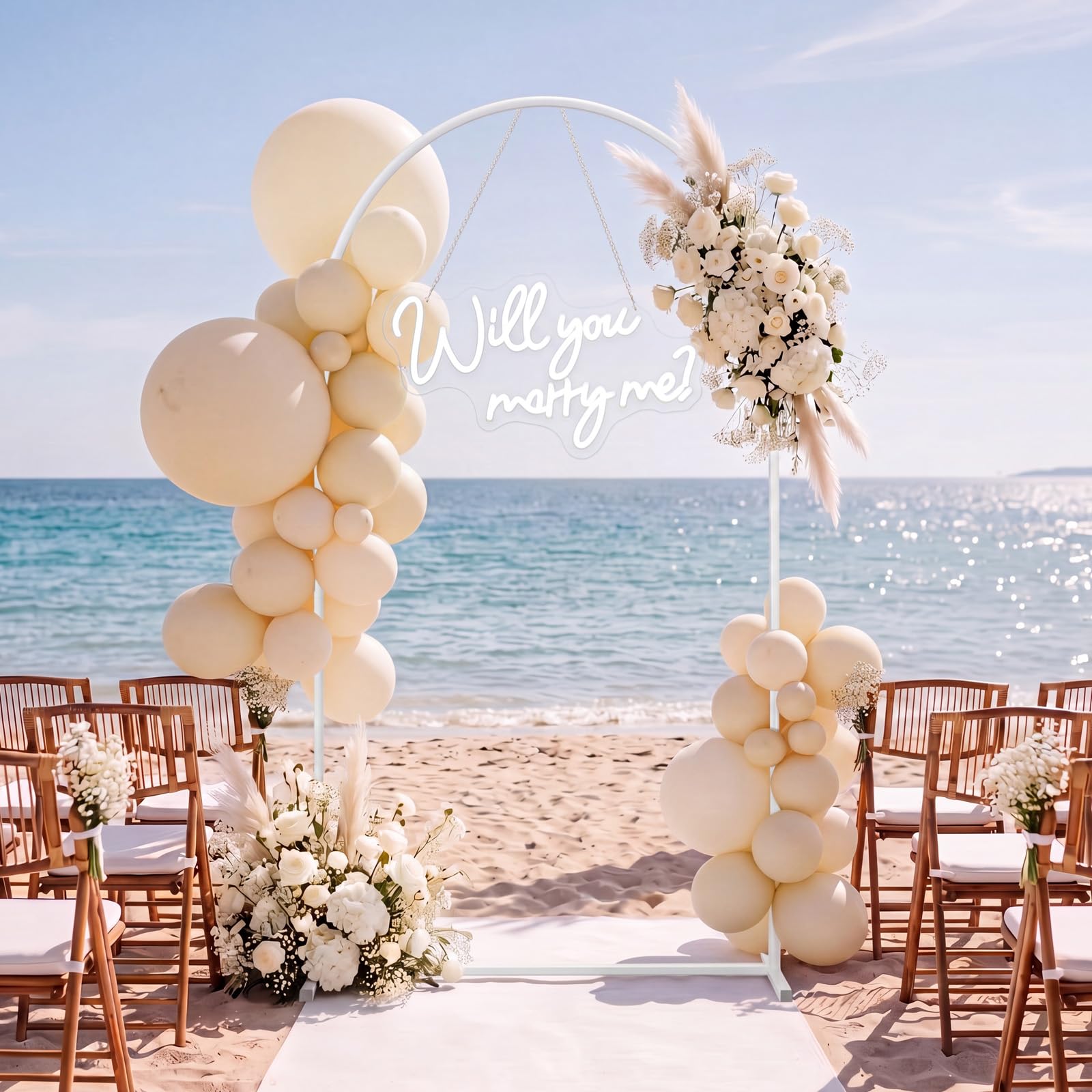 Coume Kit de decoración de propuesta de boda de 7 pies, letrero de neón grande de metal, 24 velas LED de corazón y 2000 pétalos de rosa blancos para propuesta al aire libre, boda, compromiso
