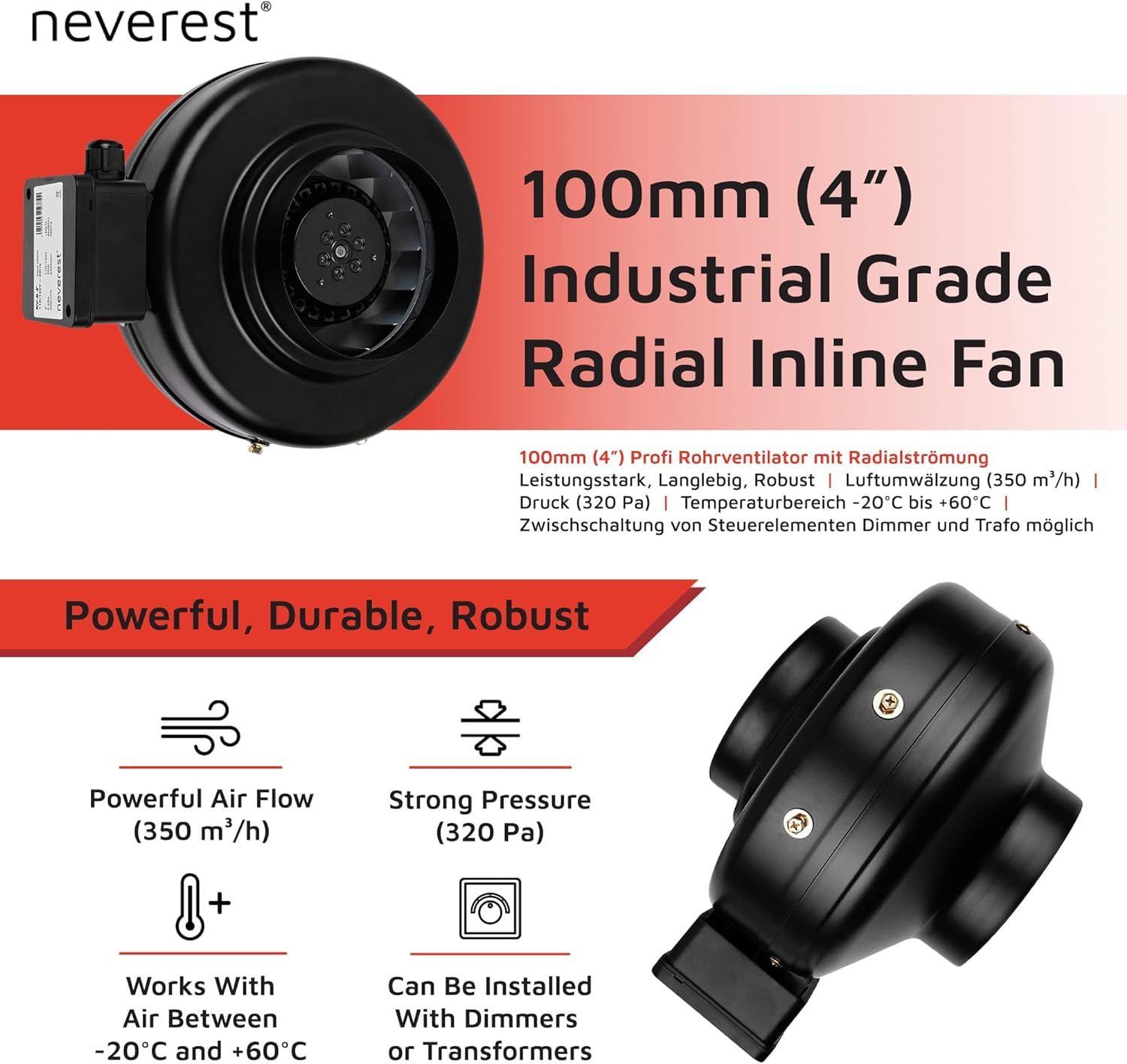 neverest® RV-B 100 mm Ventilatore Centrifugo in Linea Aspiratore Professionale Condotto Riscaldamento Raffreddamento 210 CFM, 300 pa, 2400 rpm, 42 dB (A) 70 W 0.65 A Min/Max.