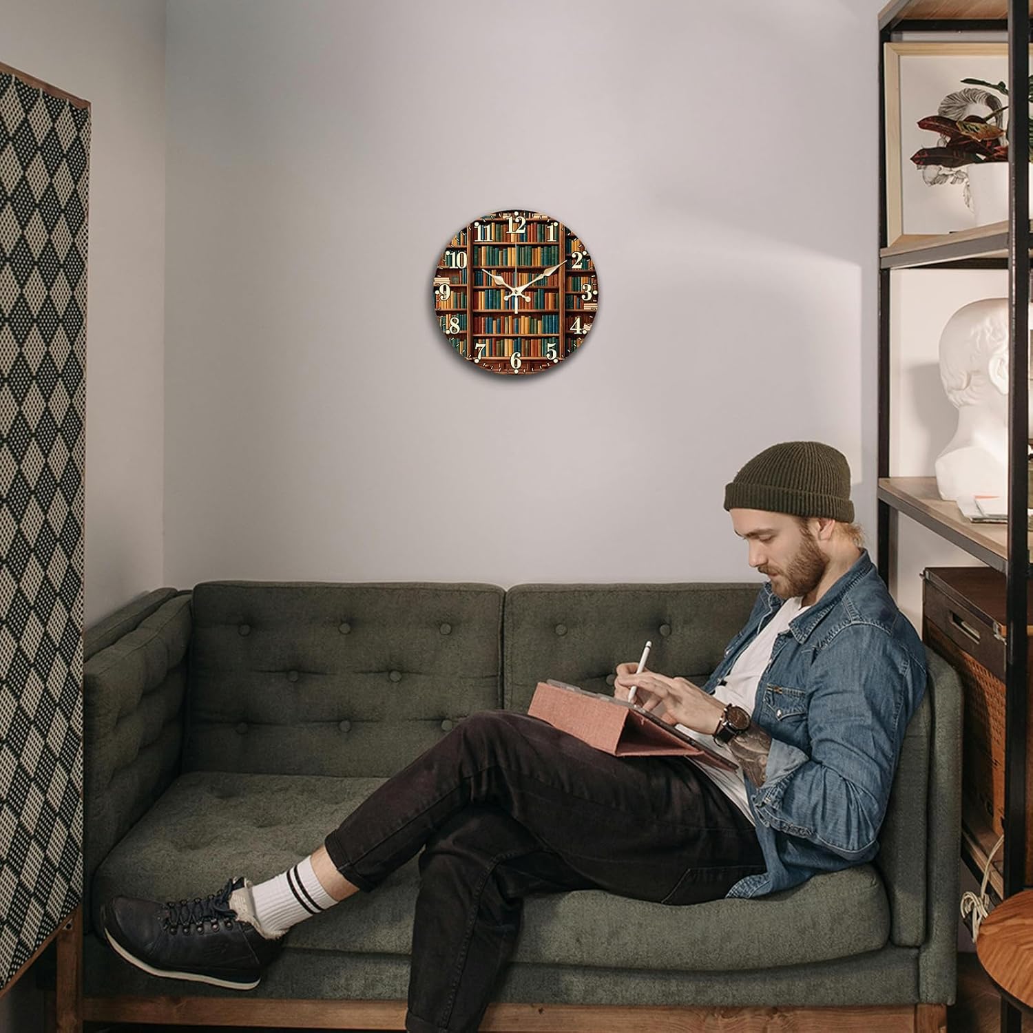 Bookshelf Wall Clock Decorative Wall Clocks Retro Style Non-Ticking Clock for Home Office Decoration, 12×12 inch