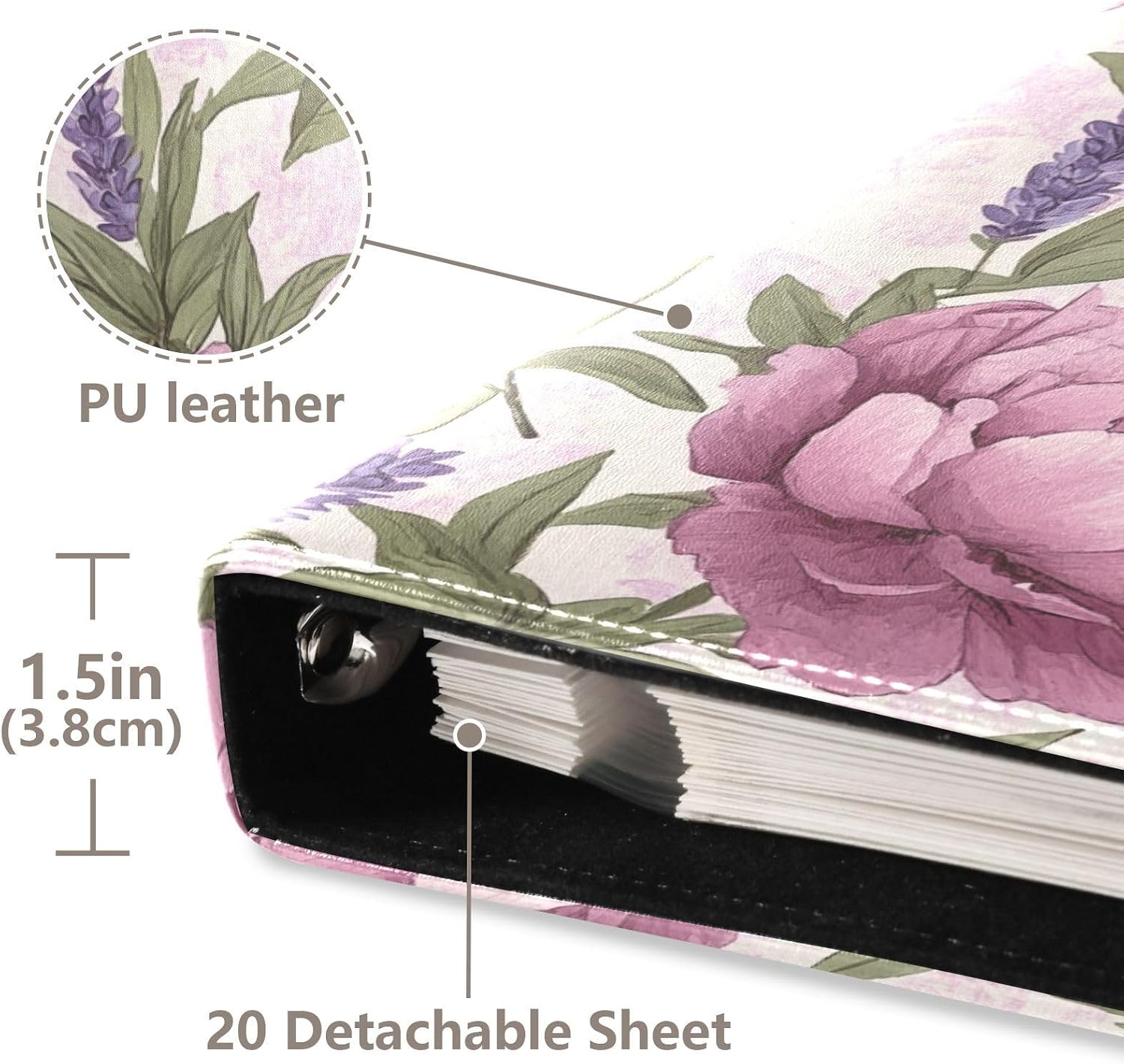 ALAZA Lavenders Flowers Peony Photo Album Self Adhesive Scrapbook Album PU Leather Cover 3 Ring Binders Photo Book for Wedding Family Travel Memory