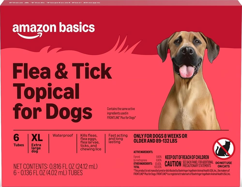 Prevención y tratamiento tópico contra pulgas y garrapatas para perros extra grandes (89-132 lbs), mata pulgas y garrapatas, resistente al agua, aplicación mensual, 6 unidades, el empaque puede variar