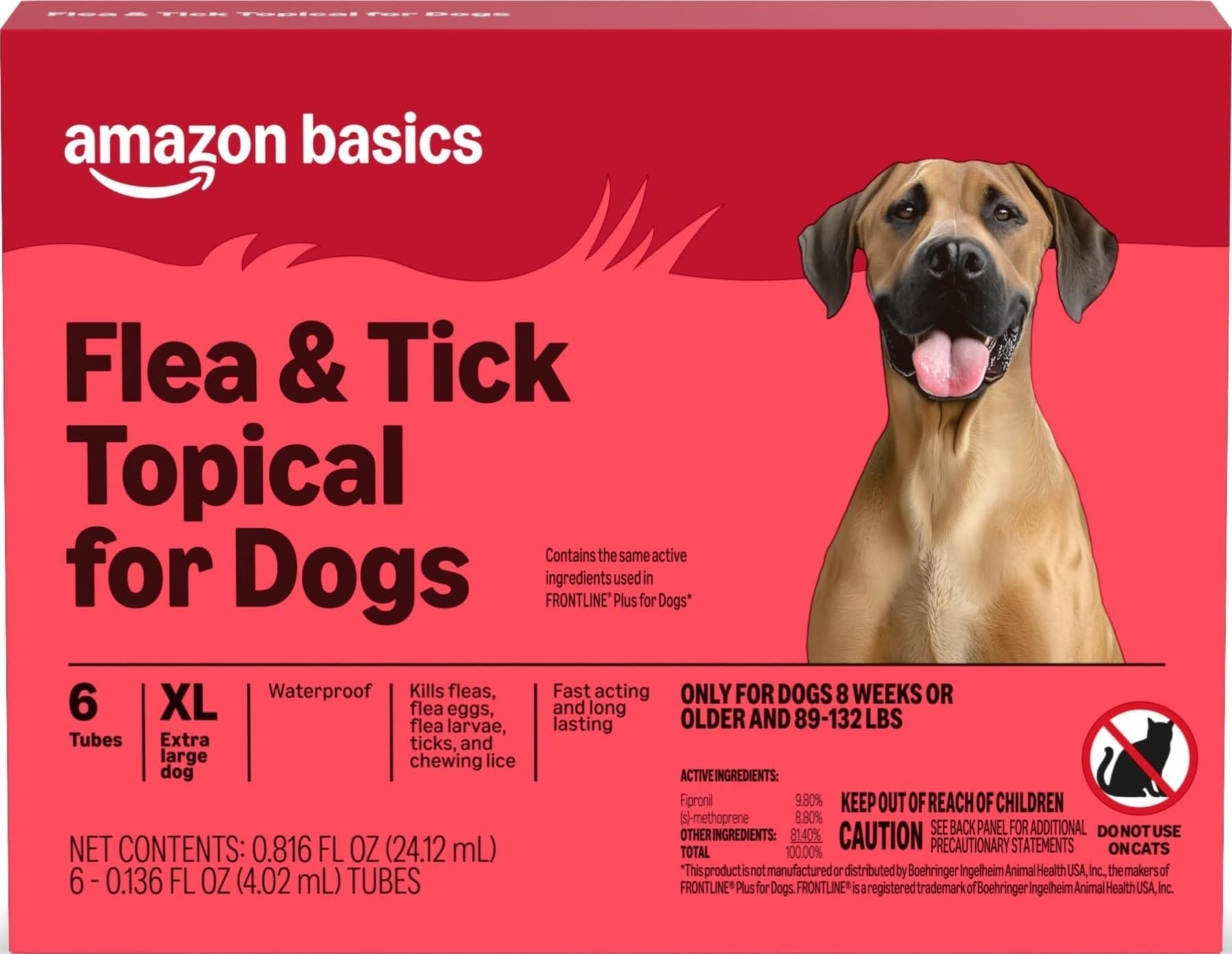 Amazon Basics Flea and Tick Topical Treatment and Prevention for Extra Large Dogs (89-132 lbs), Kills Fleas and Ticks, Waterproof, Monthly Application, 6 Count, Packaging May Vary