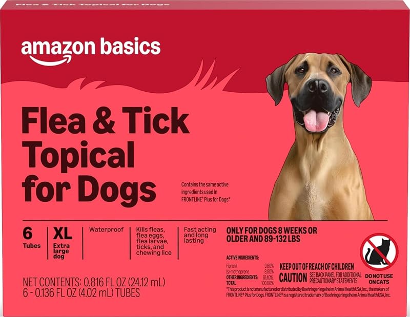 Flea and Tick Topical Treatment and Prevention for Extra Large Dogs (89-132 lbs), Kills Fleas and Ticks, Waterproof, Monthly Application, 6 Count, Packaging May Vary