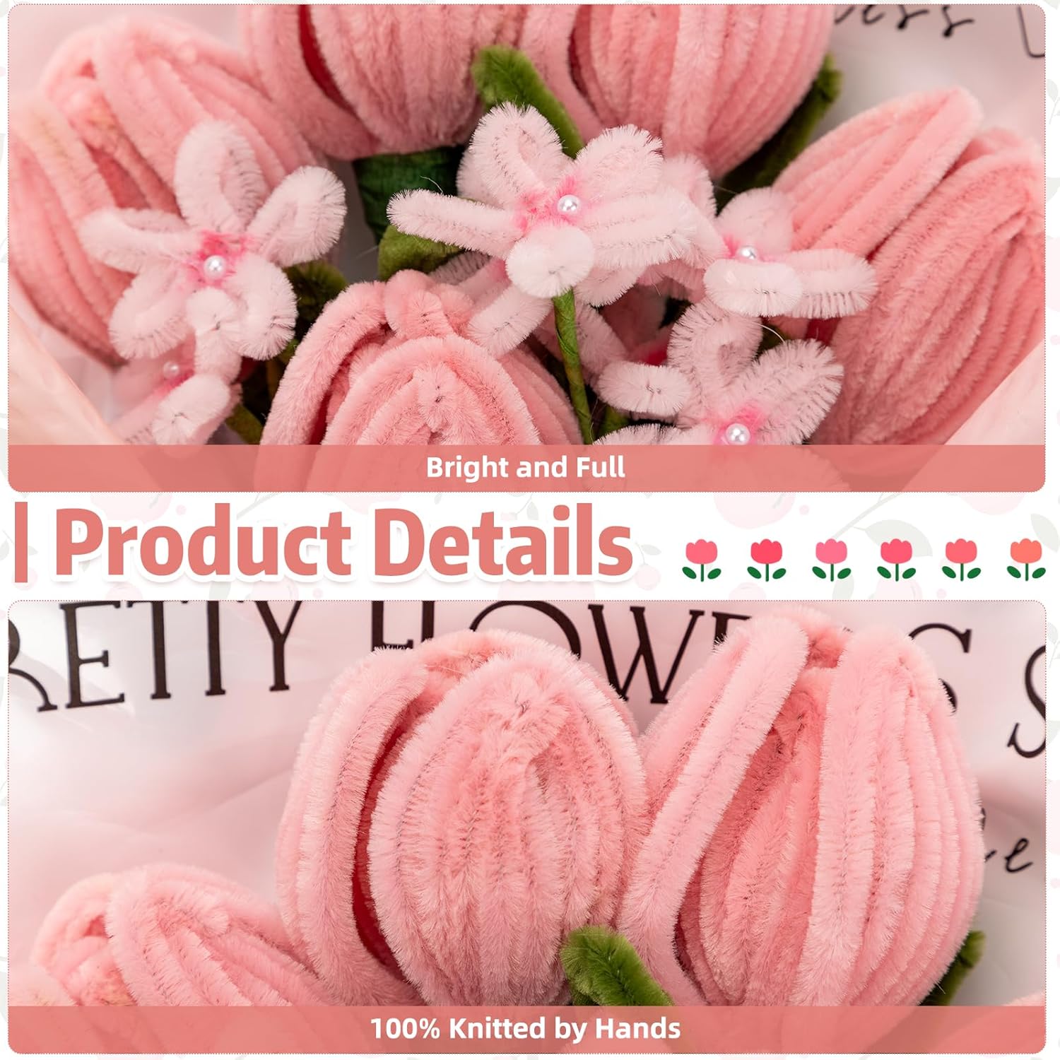 Completed Pipe Cleaners Tulip Flowers Bouquet, Pink Handmade Pipe Cleaners Bouquet, 5 Tulip 10 Daisy 15 PCS for Christmas Mother's Day Birthday Wedding Home Decor Gifts for Mom